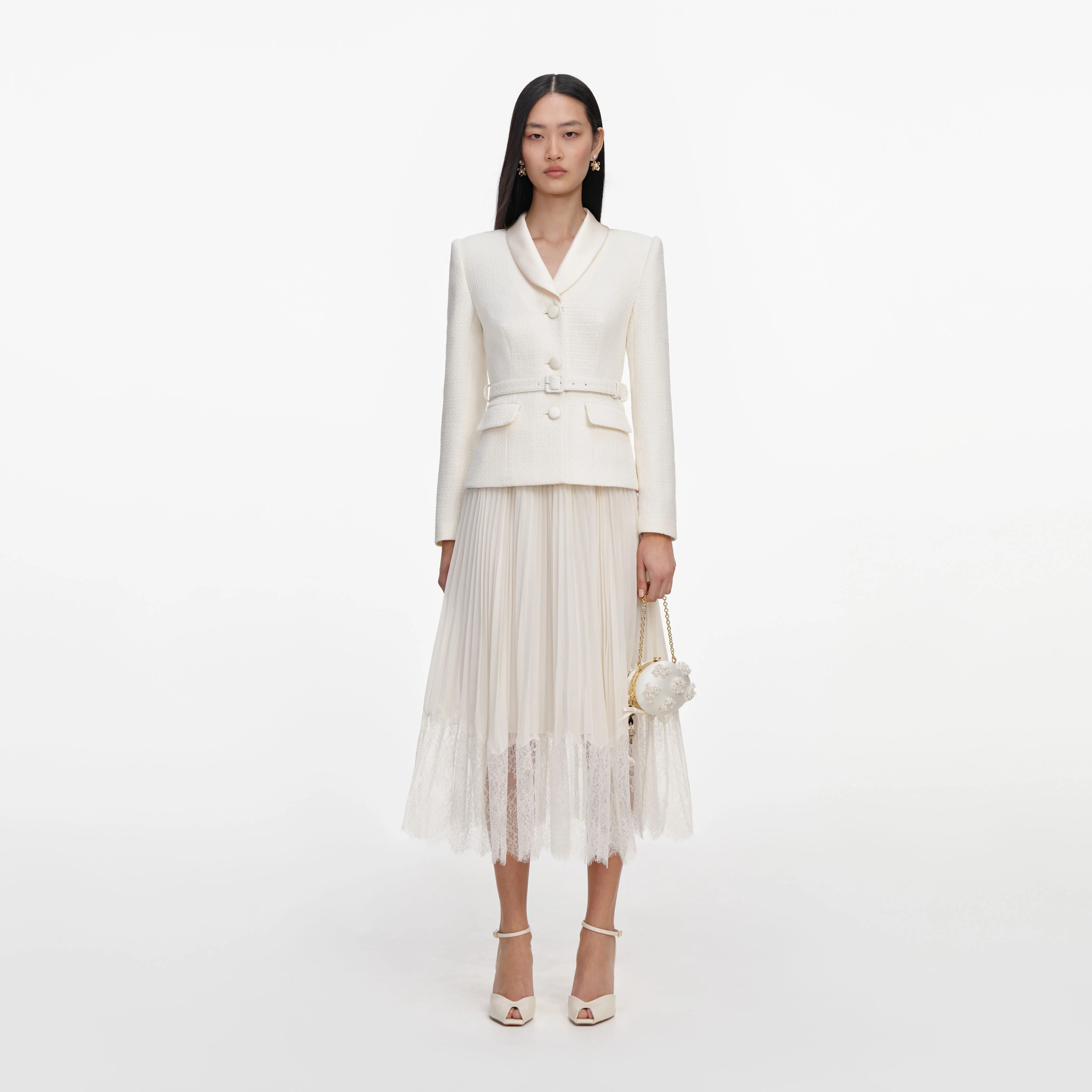 Cream Boucle Shawl Collared Midi Dress