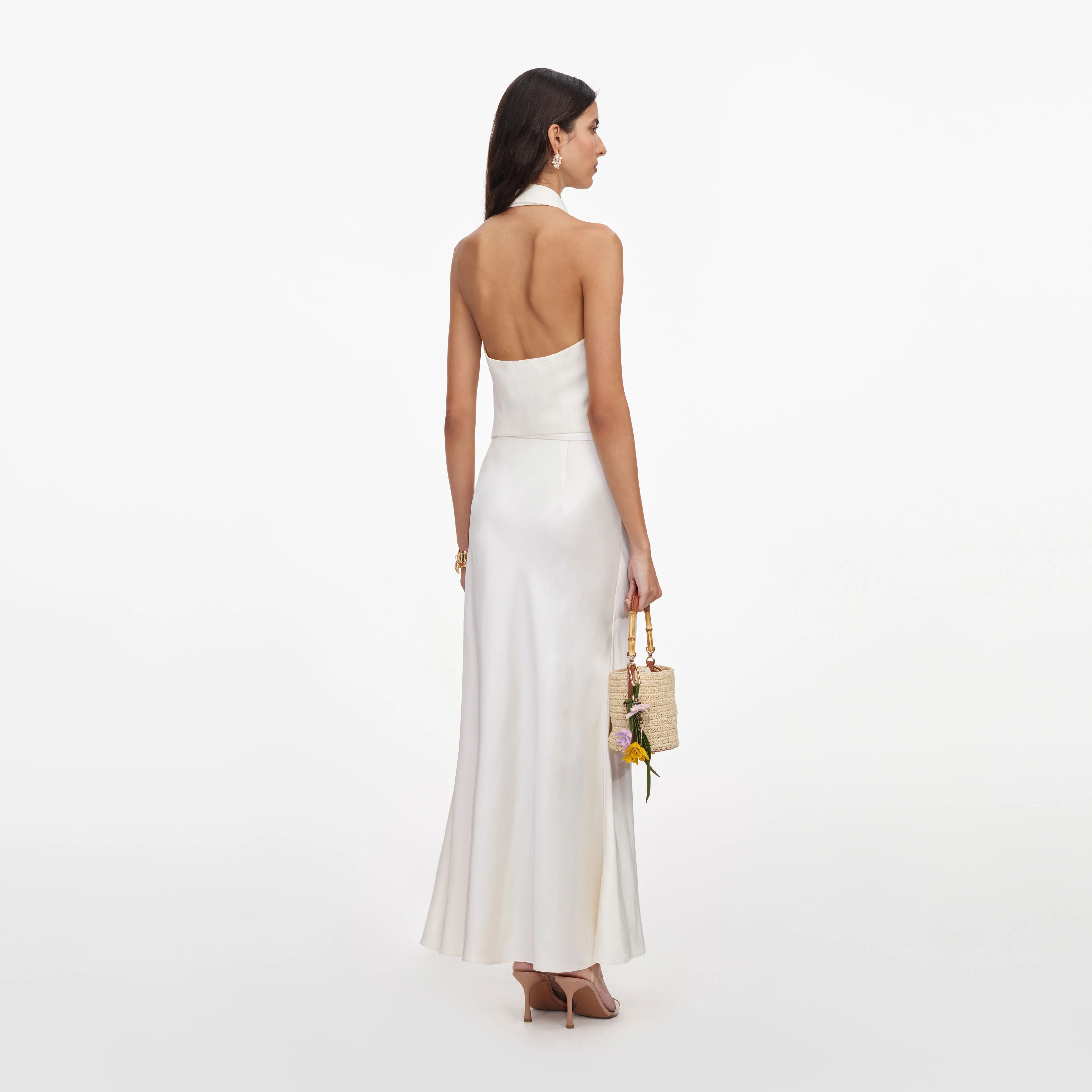 Cream Linen Blend Satin Midi Dress - Image 3