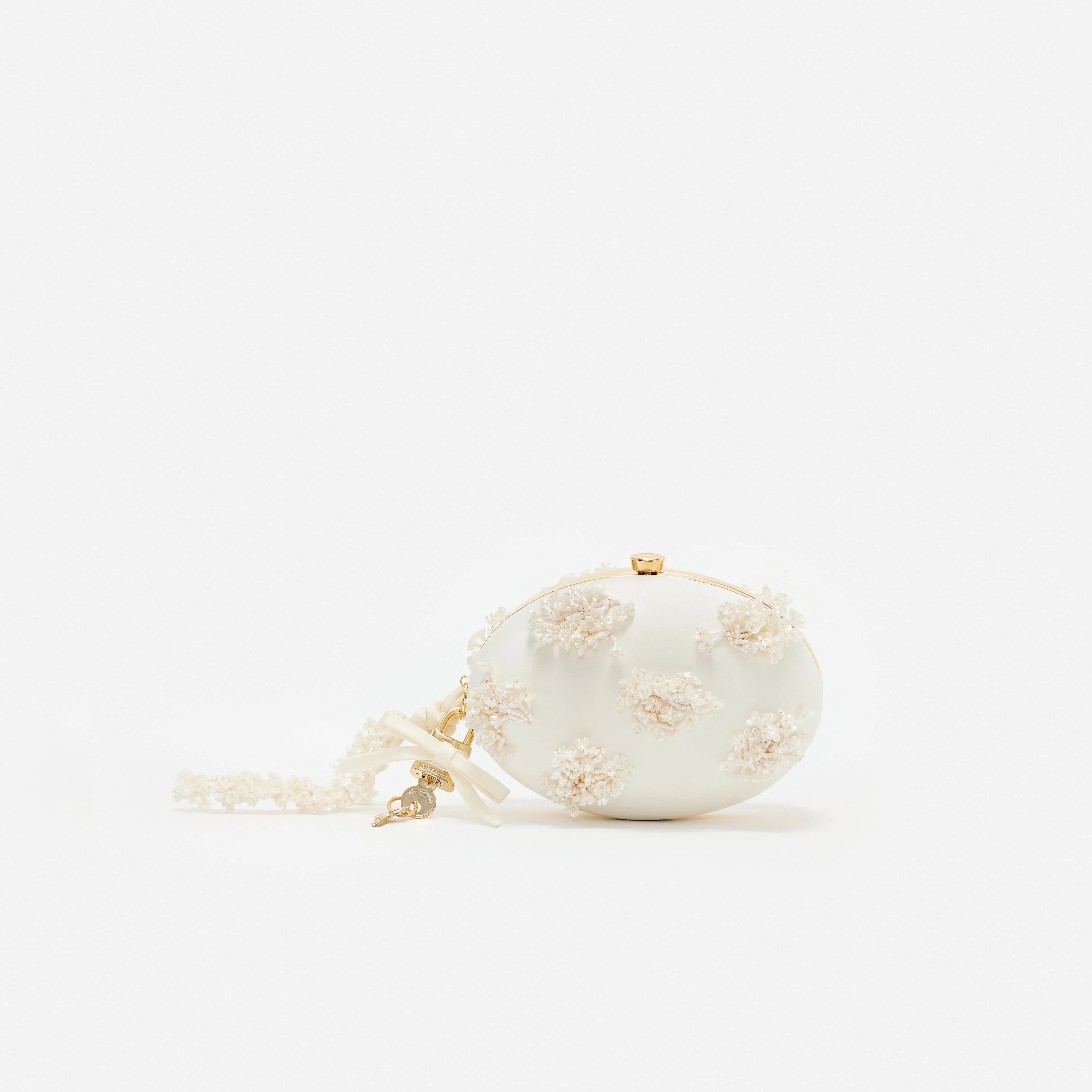 Cream Satin Floral Beaded Oval Clutch