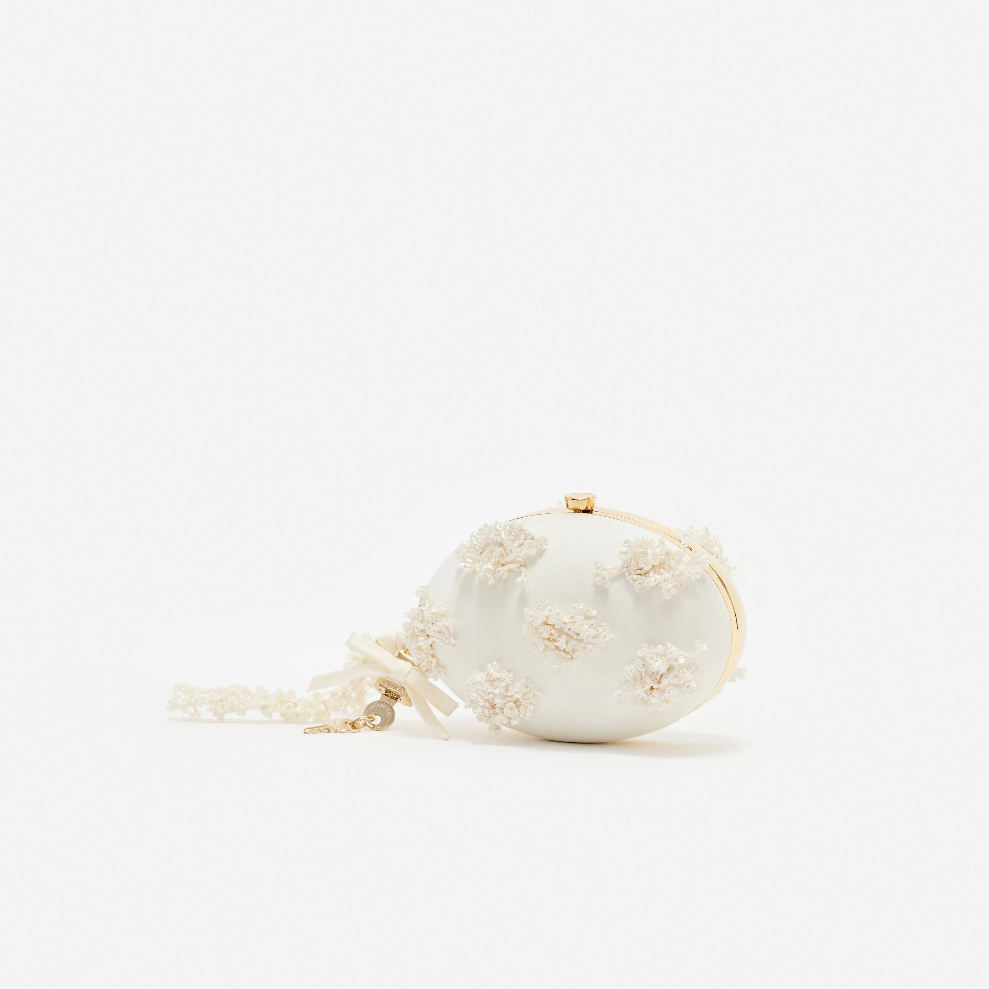 Cream Satin Floral Beaded Oval Clutch - Image 2