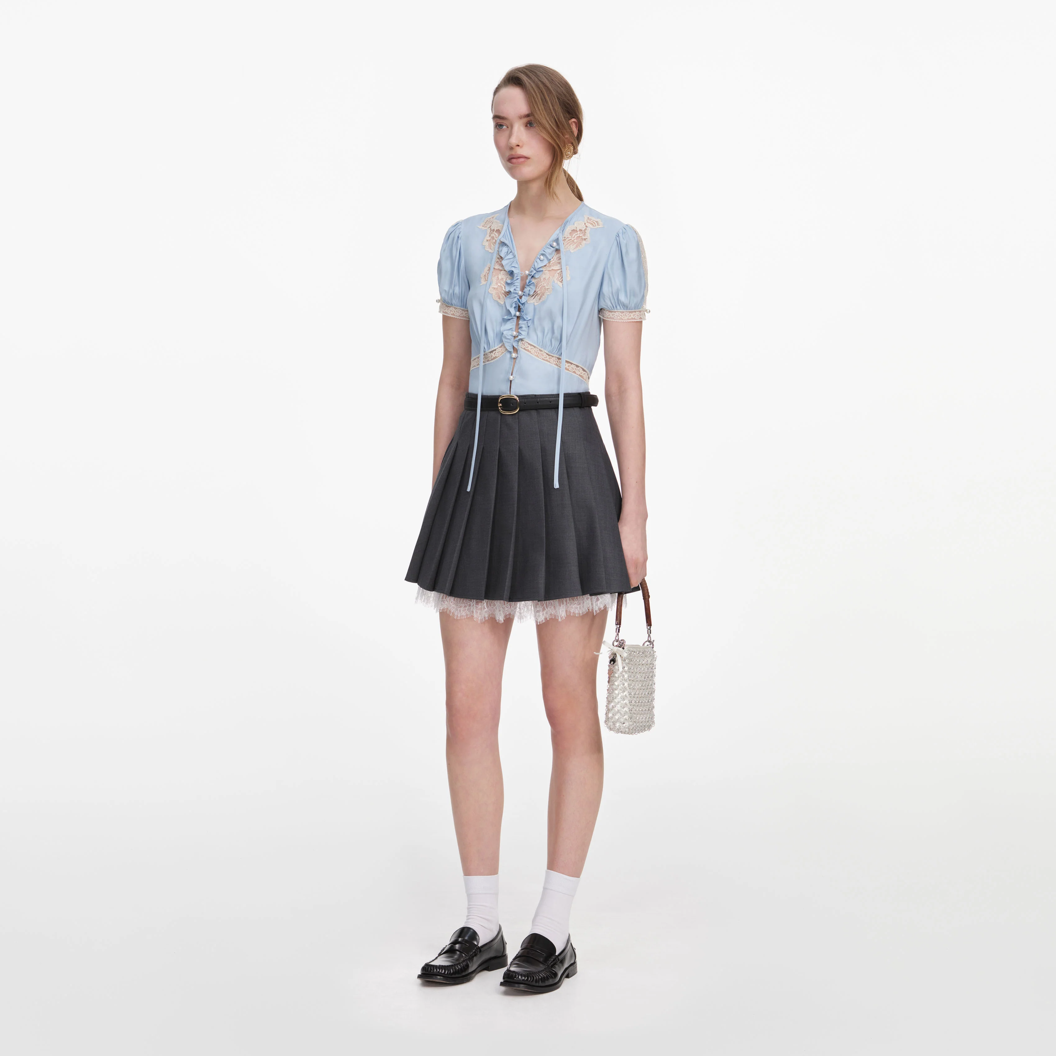 Grey Pleated Mini Skirt - Image 2