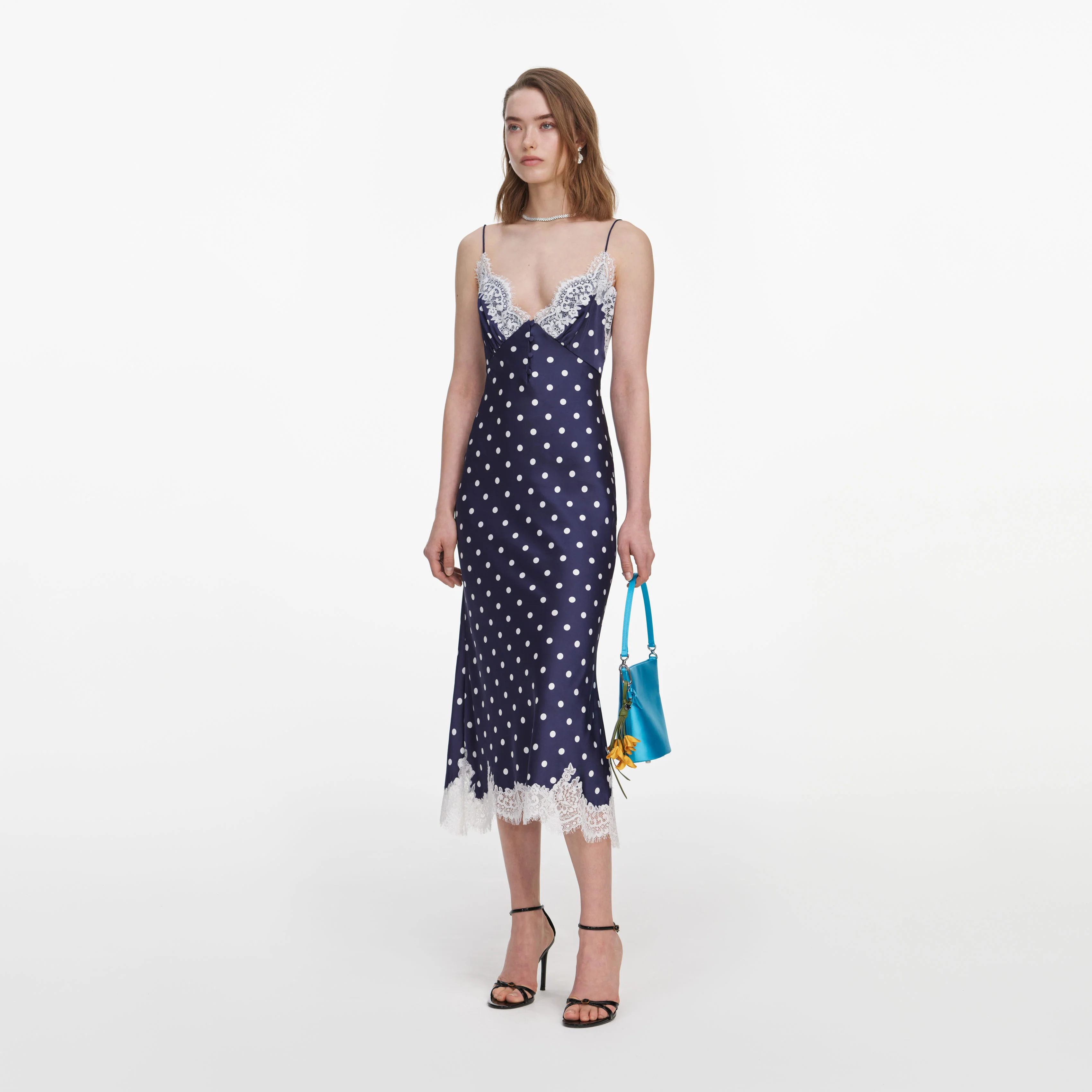Navy Satin Polka Dot Midi Dress - Image 2