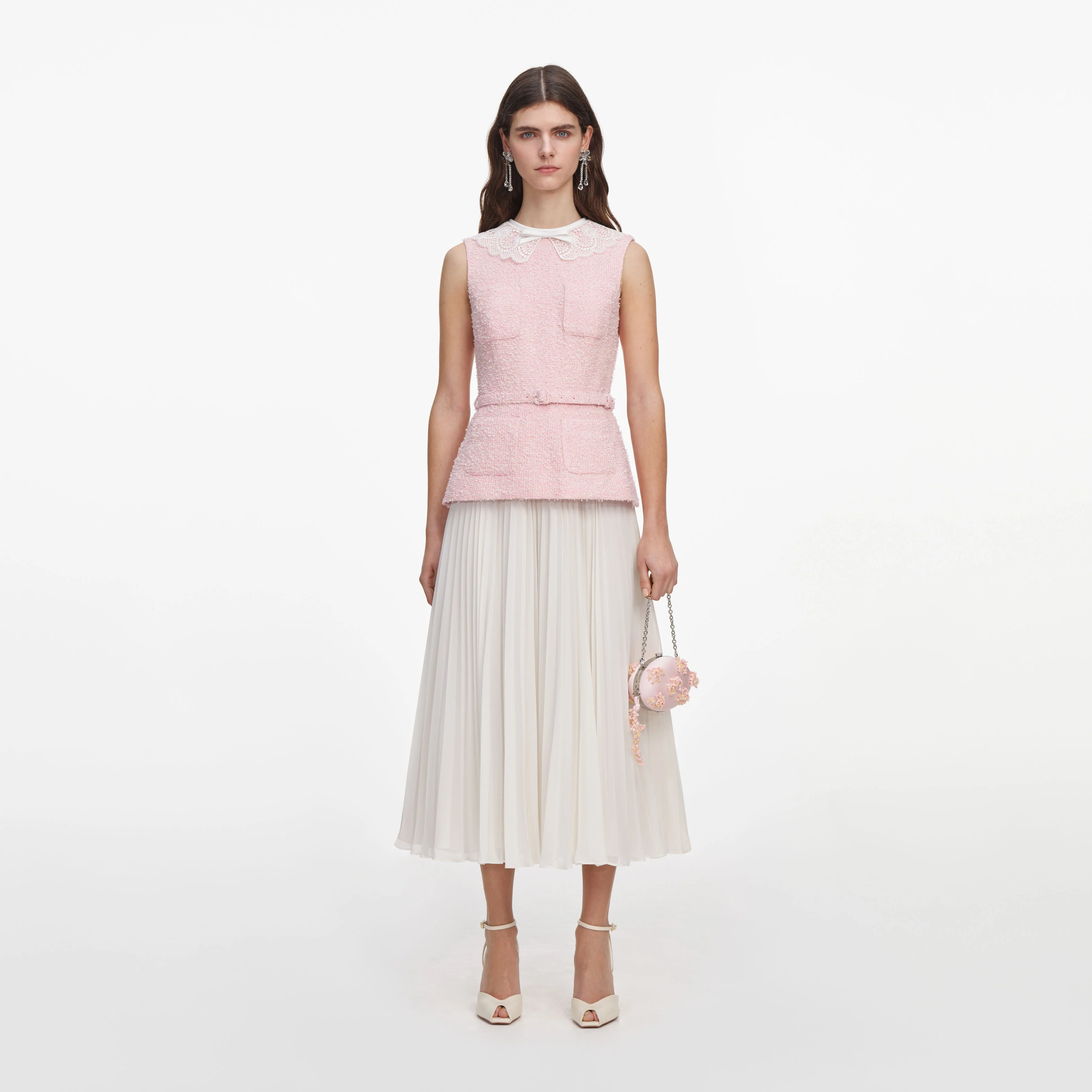 Pink Boucle Lace Collar Midi Dress