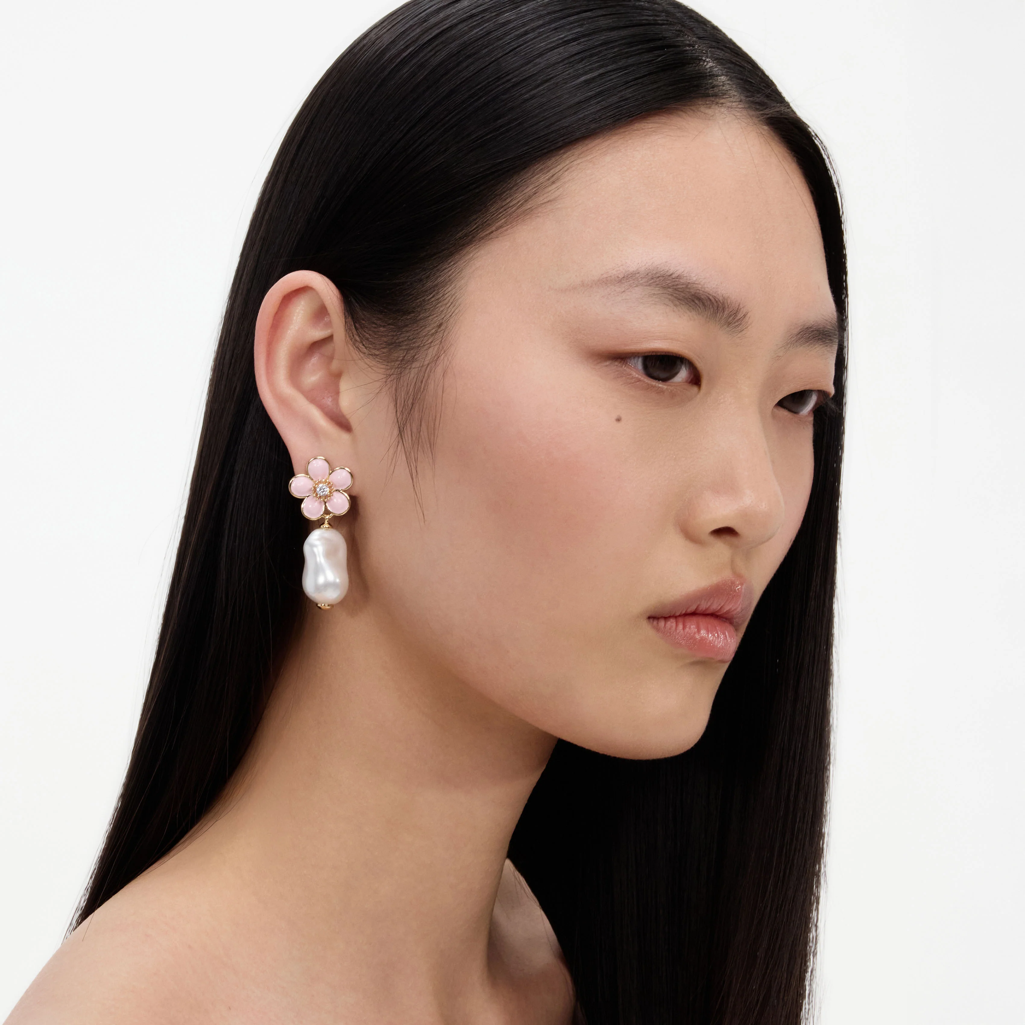 Pink Flower Pearl Drop Earrings - Image 2