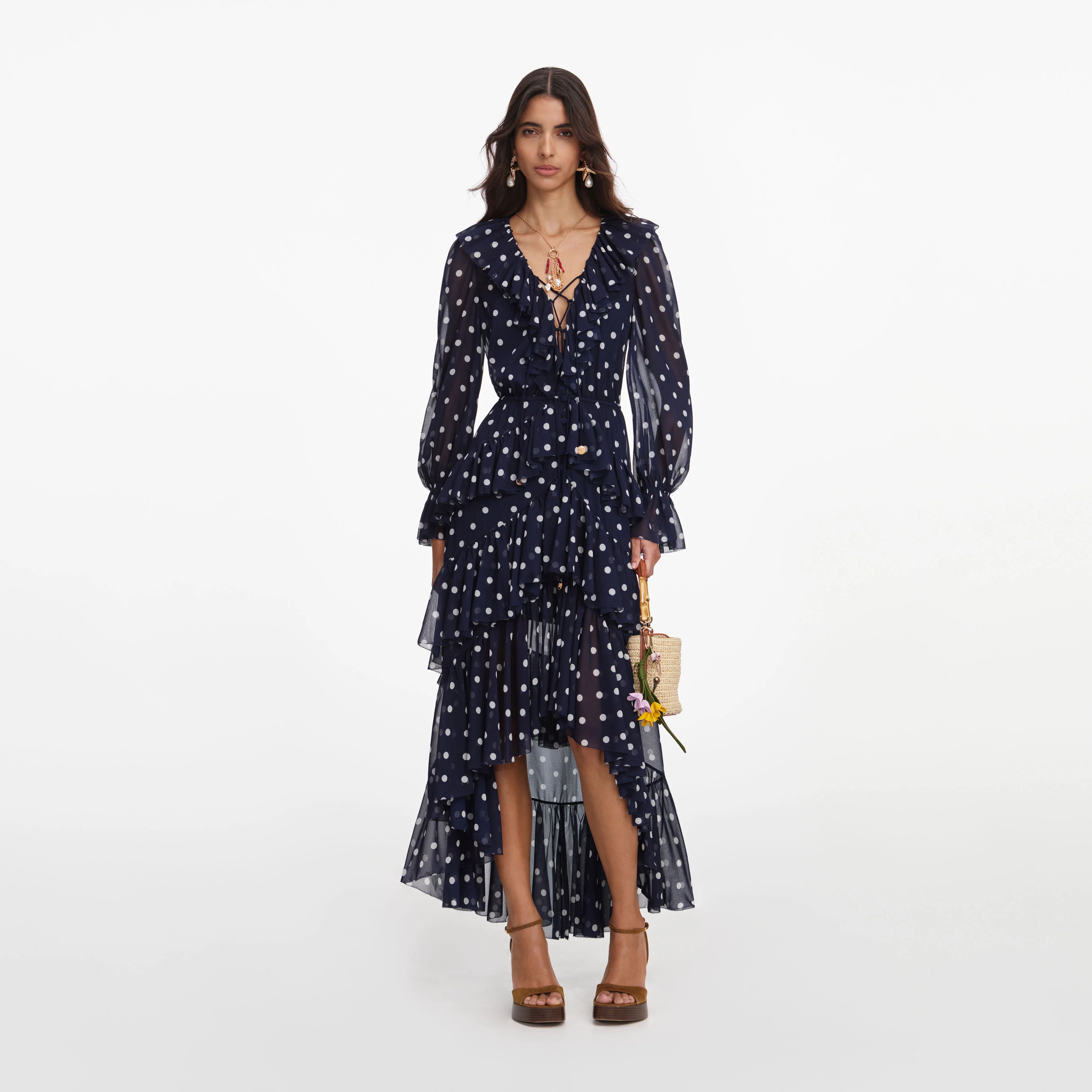 Polka Dot Georgette Ruffle Maxi Dress