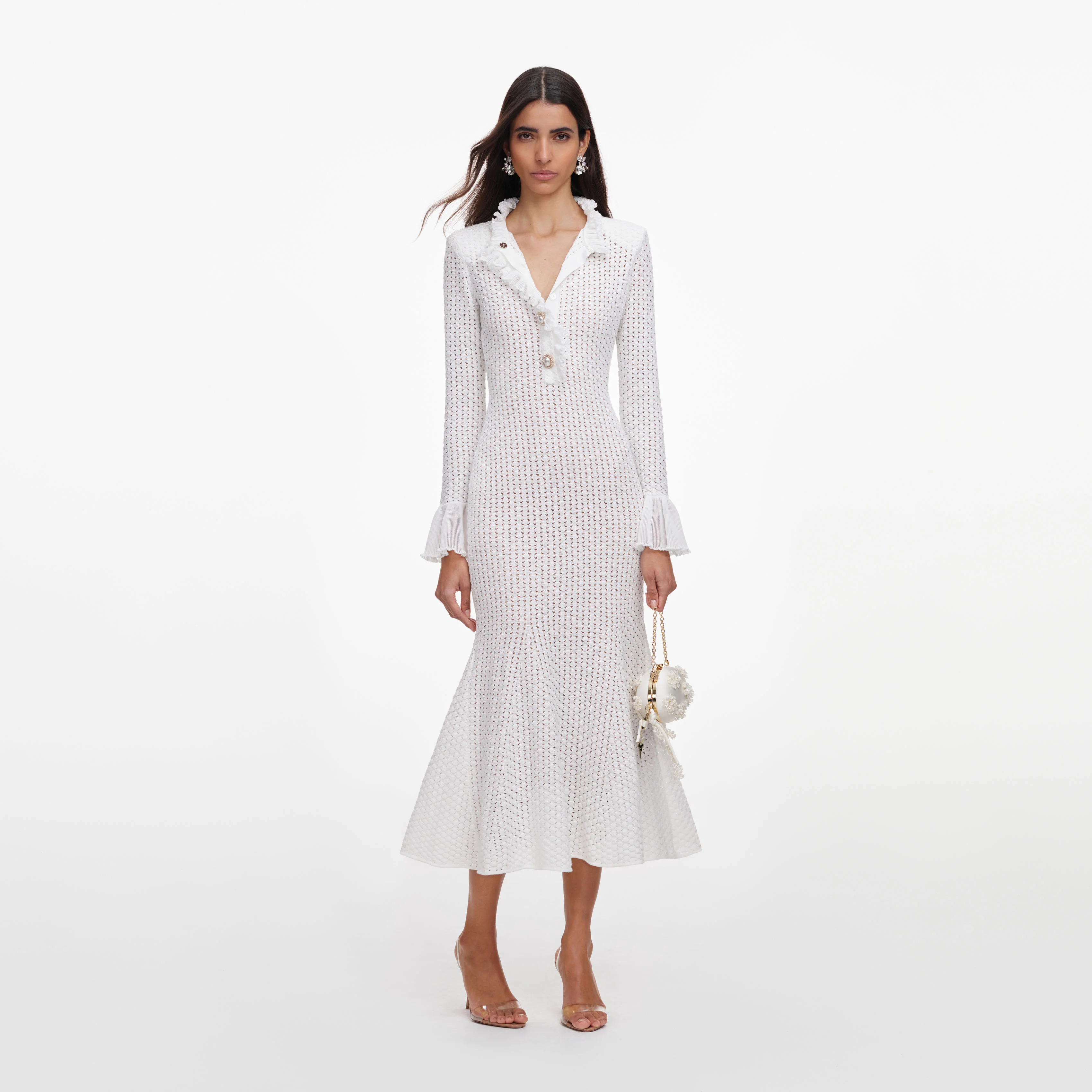 White Pointelle Knit Flare Midi Dress - Image 4