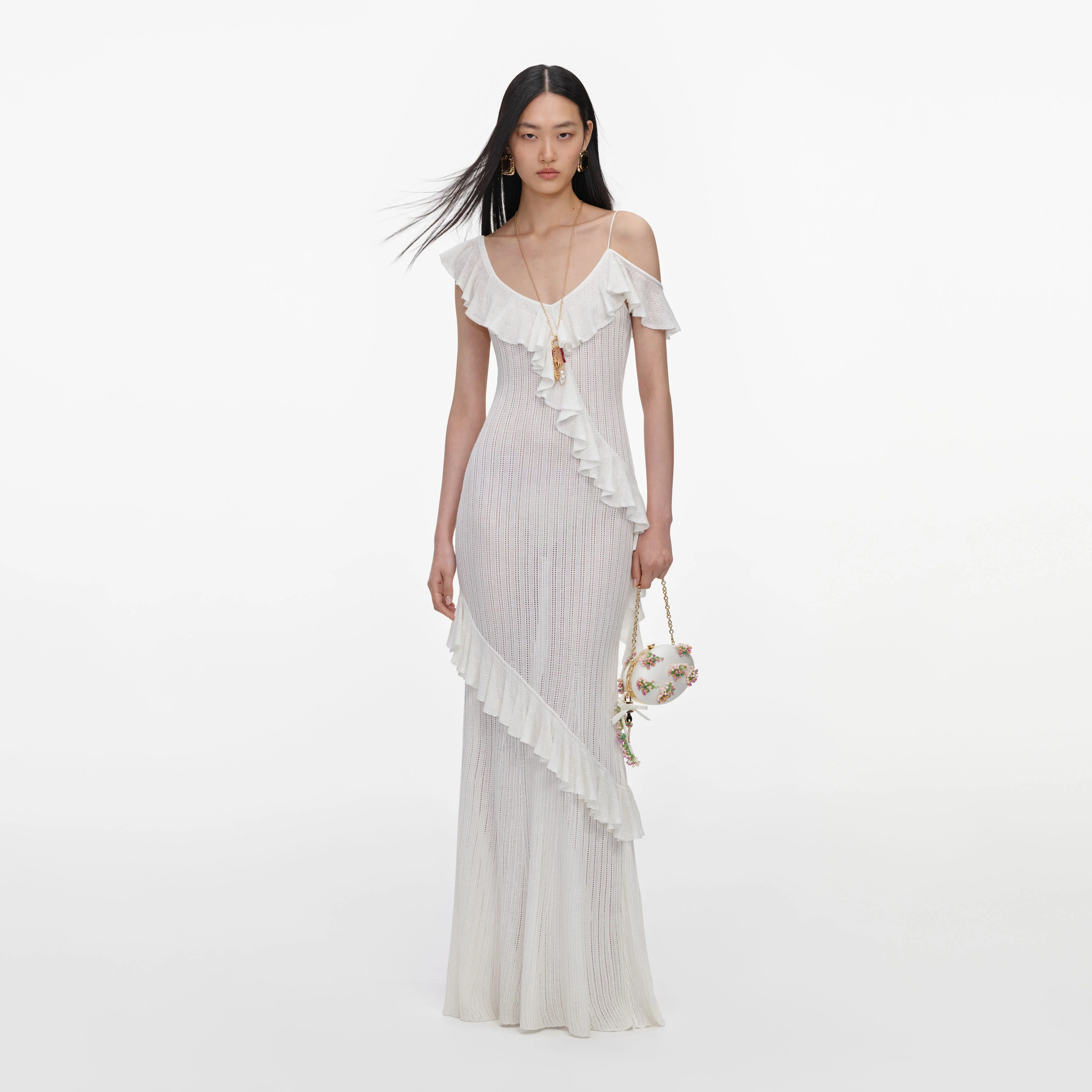 White Ruffle Knit Maxi Dress
