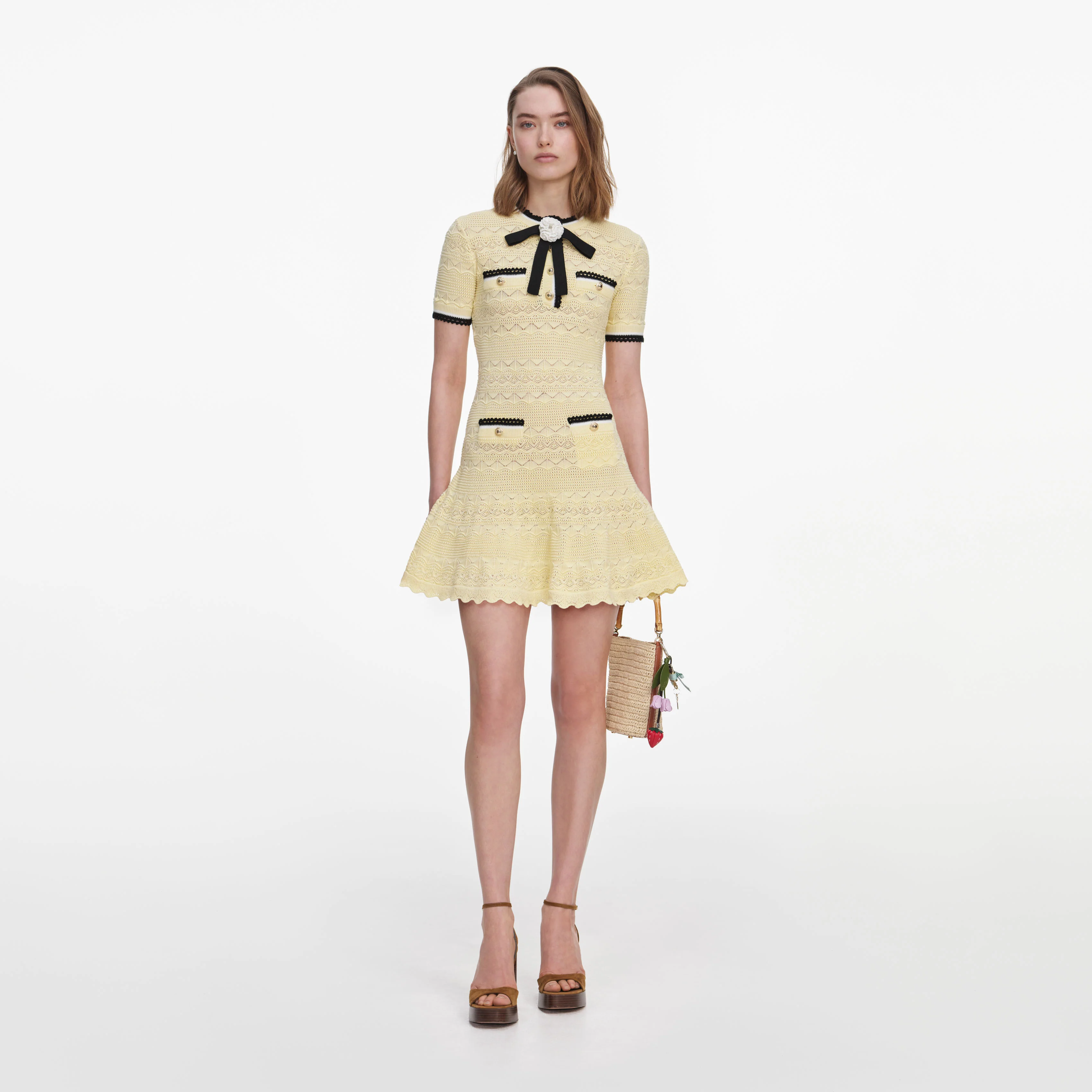 Yellow Pointelle Knit Mini Dress
