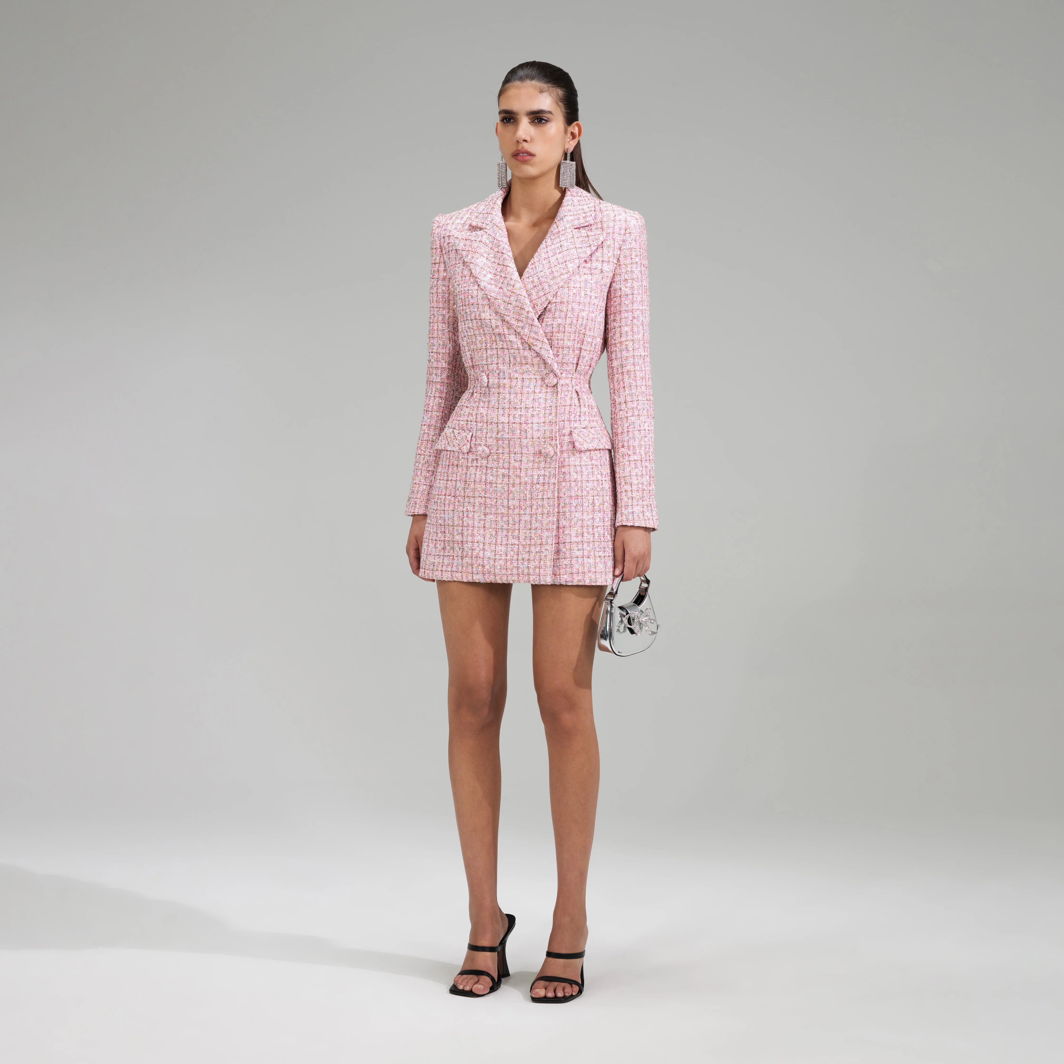 Pink V Neck Boucle Tailored Mini Dress - Image 2