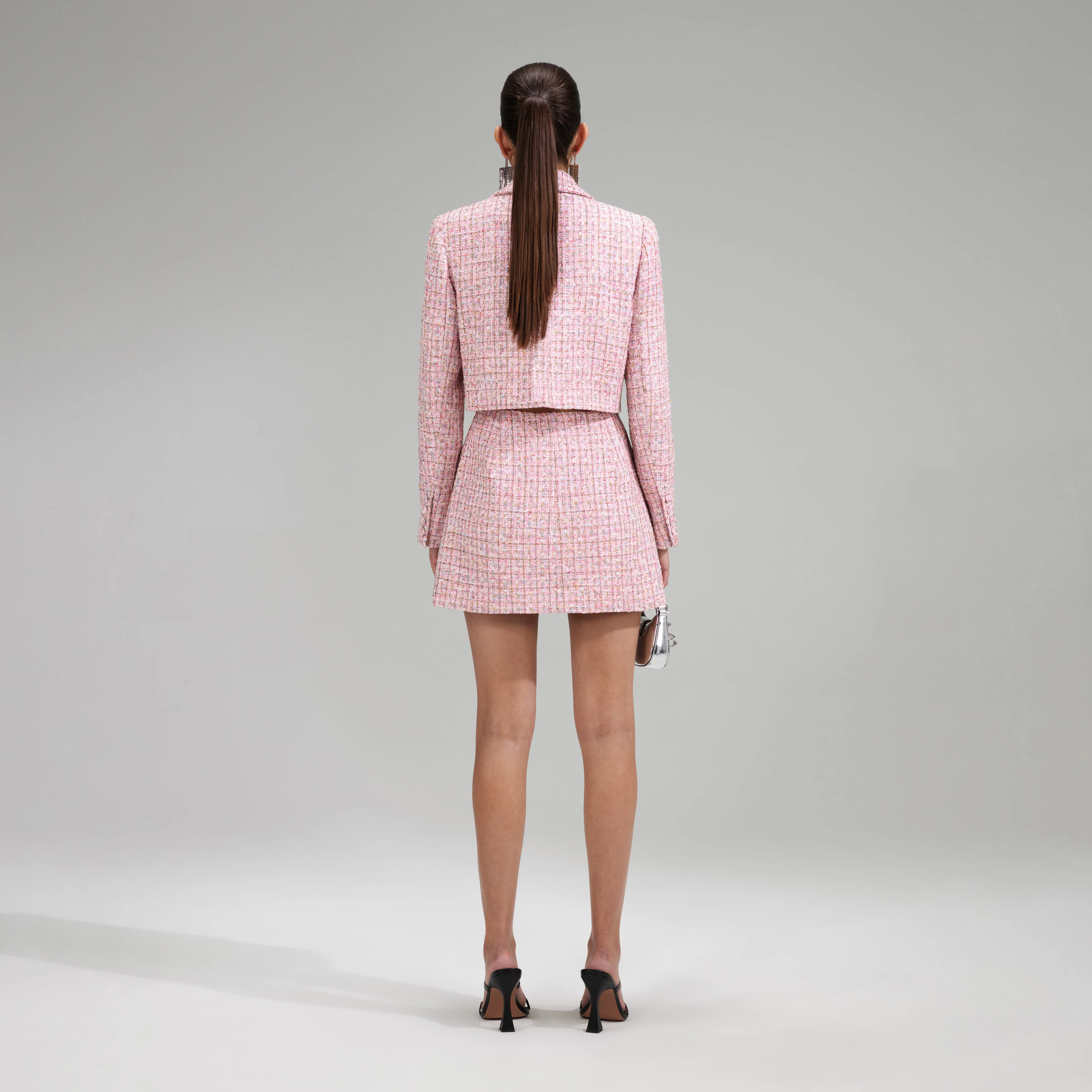 Pink V Neck Boucle Tailored Mini Dress - Image 3