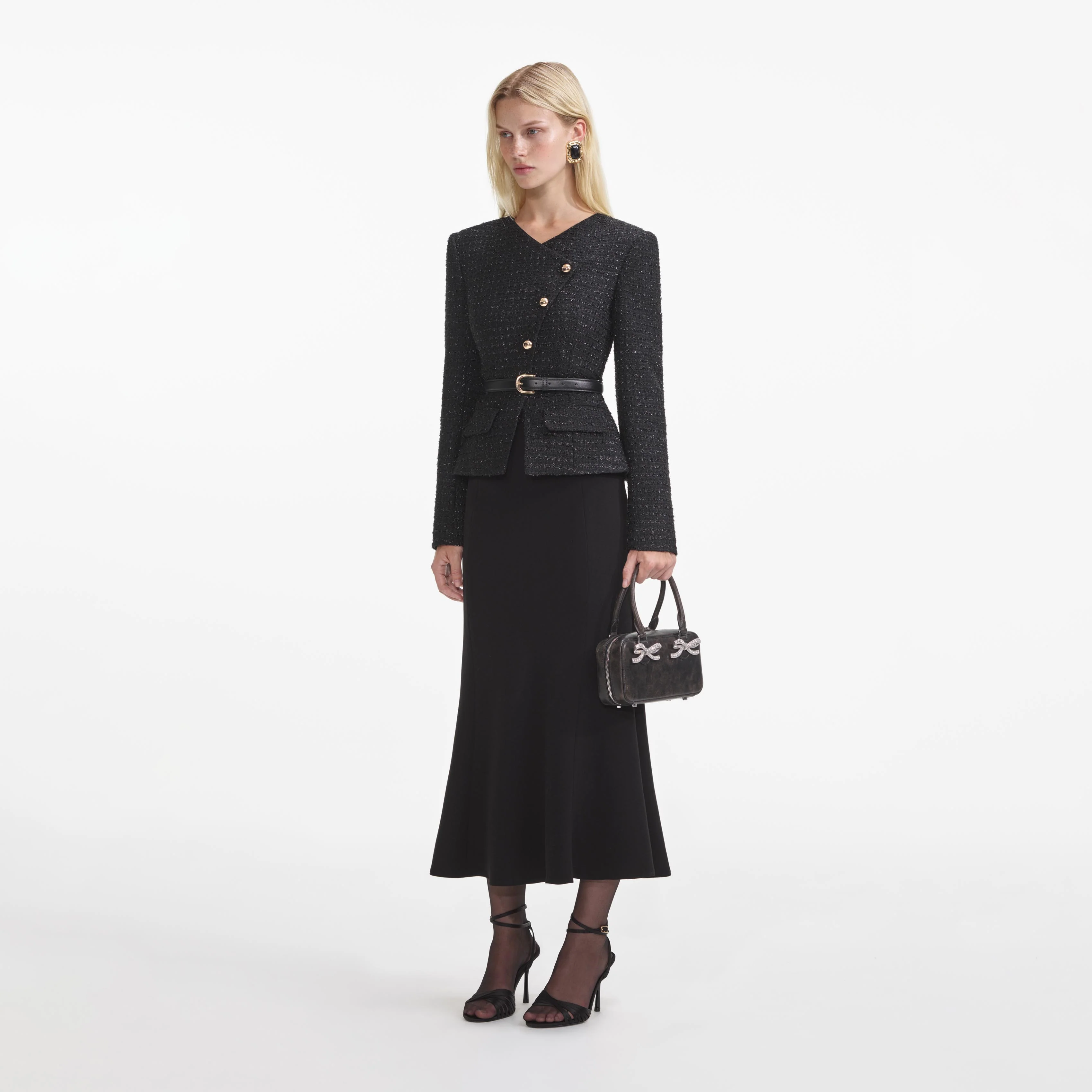 Black Boucle Asymmetric Midi Dress - Image 2