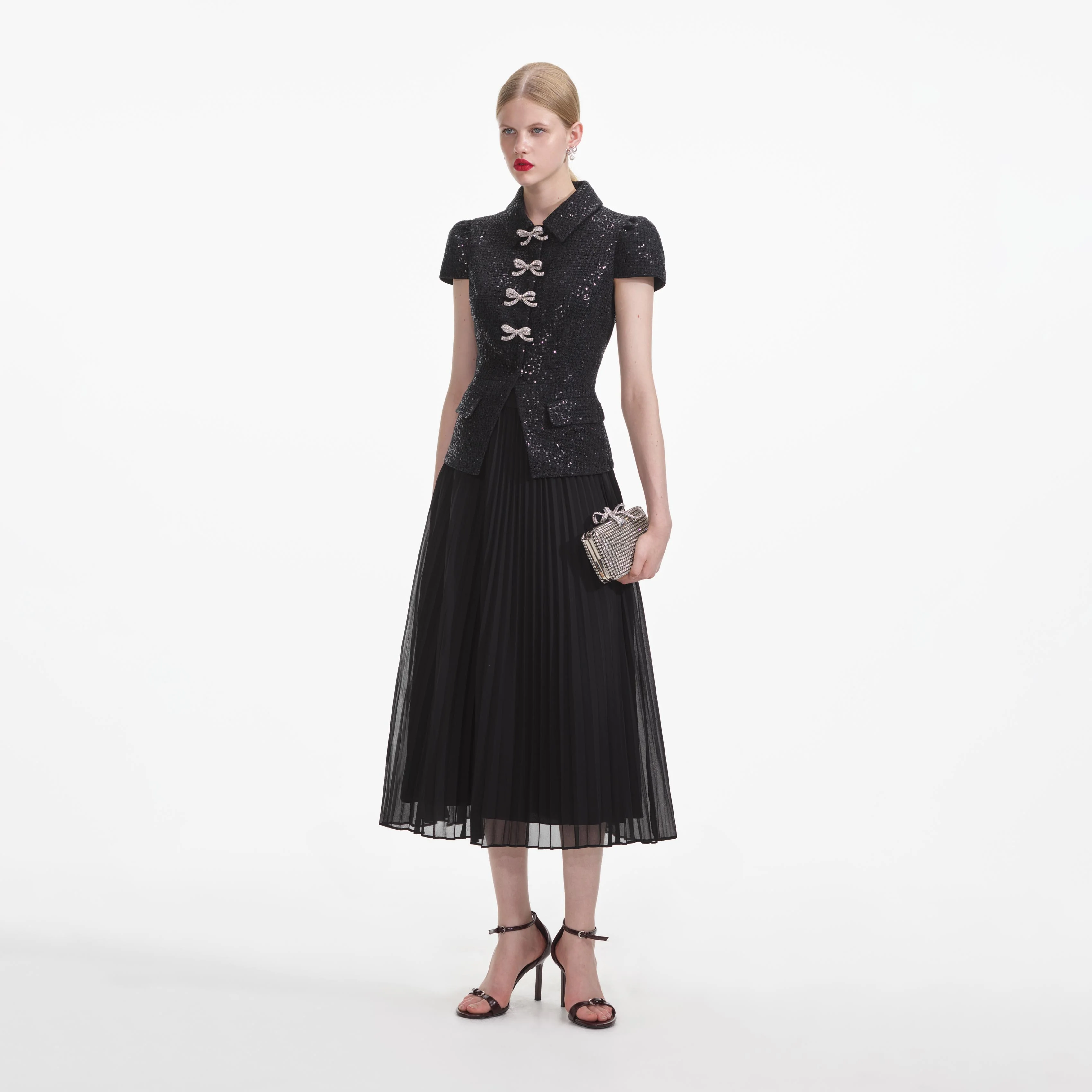 Black Boucle Bow Midi Dress - Image 2
