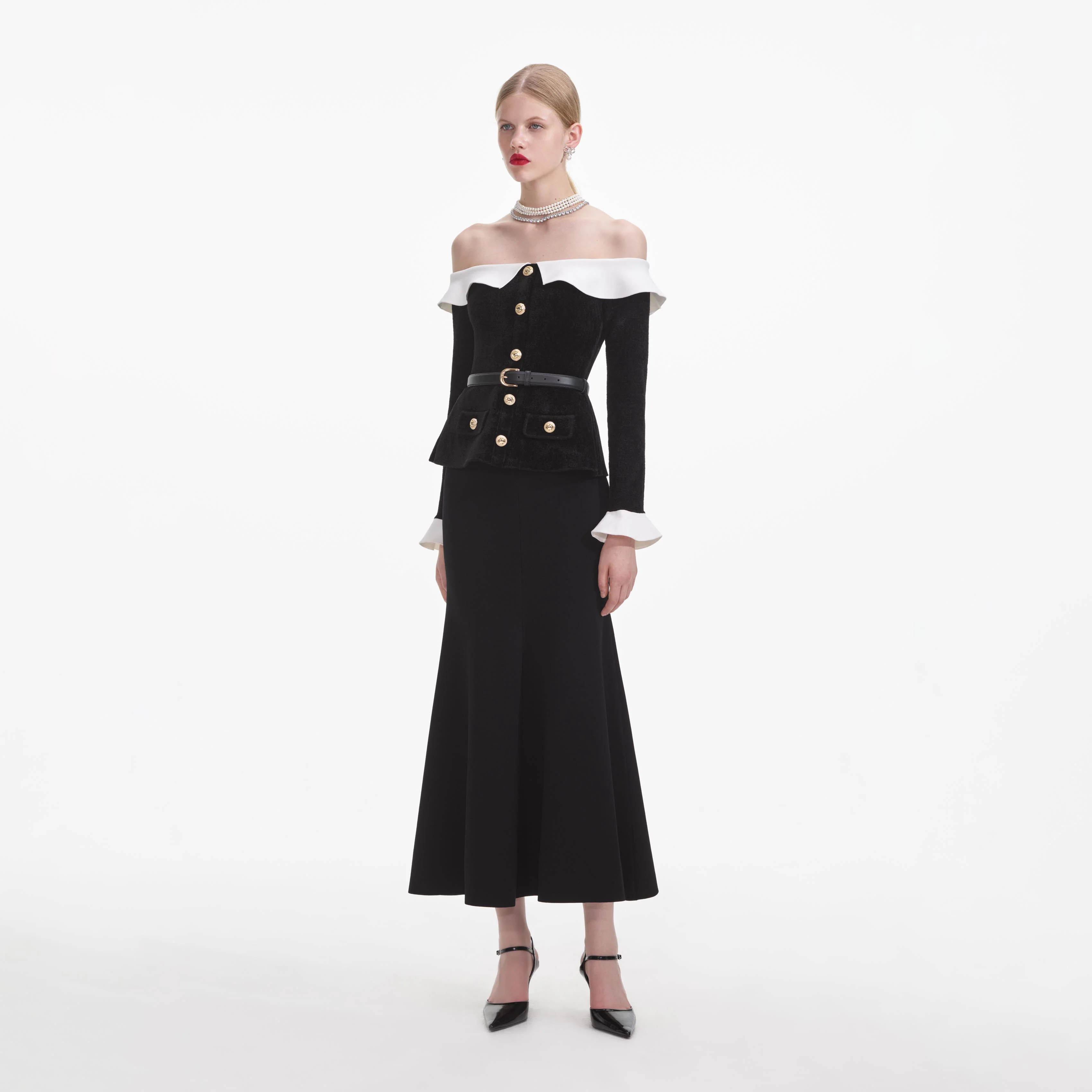 Black Chenille Knit Off Shoulder Midi Dress - Image 2