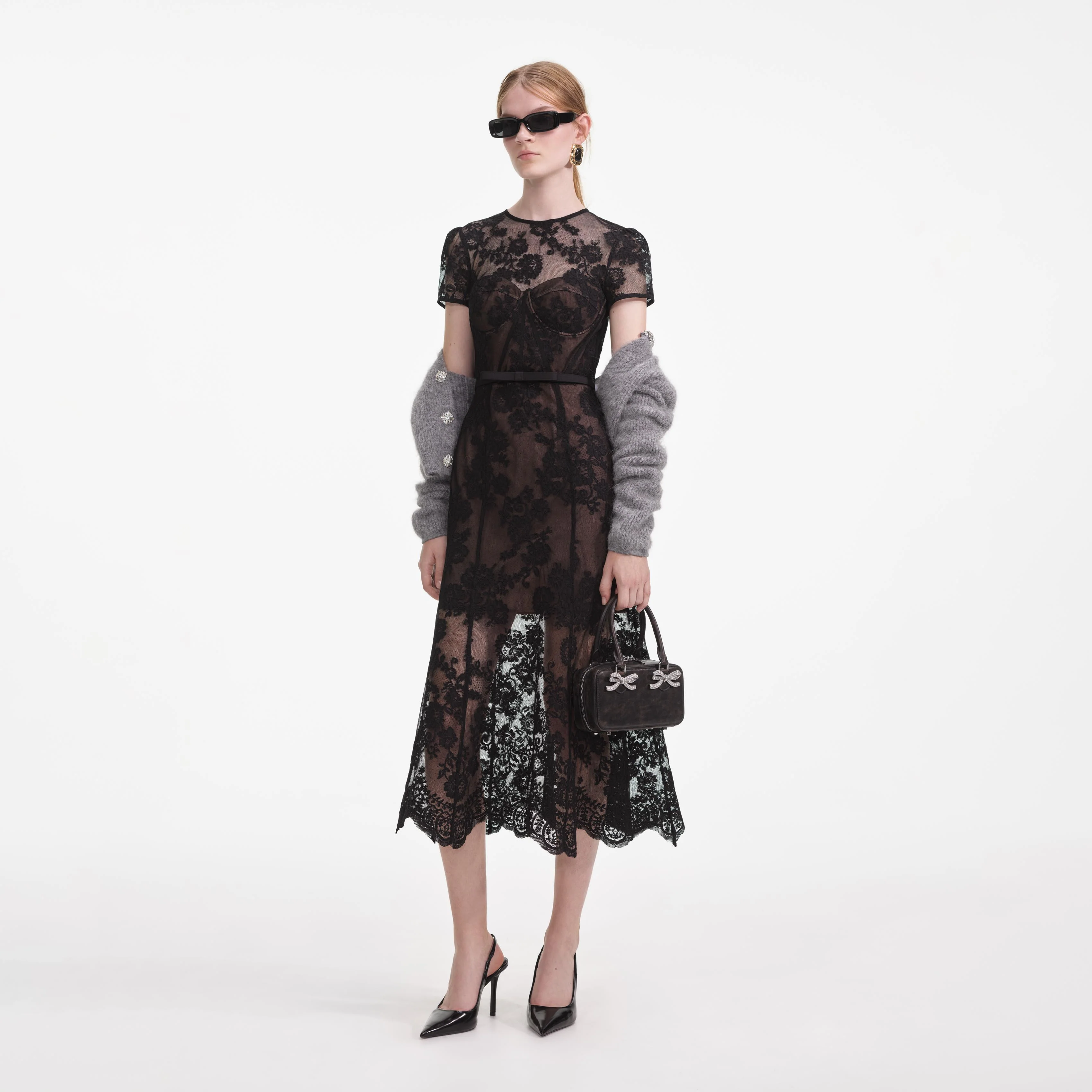 Black Lace Bustier Midi Dress - Image 2