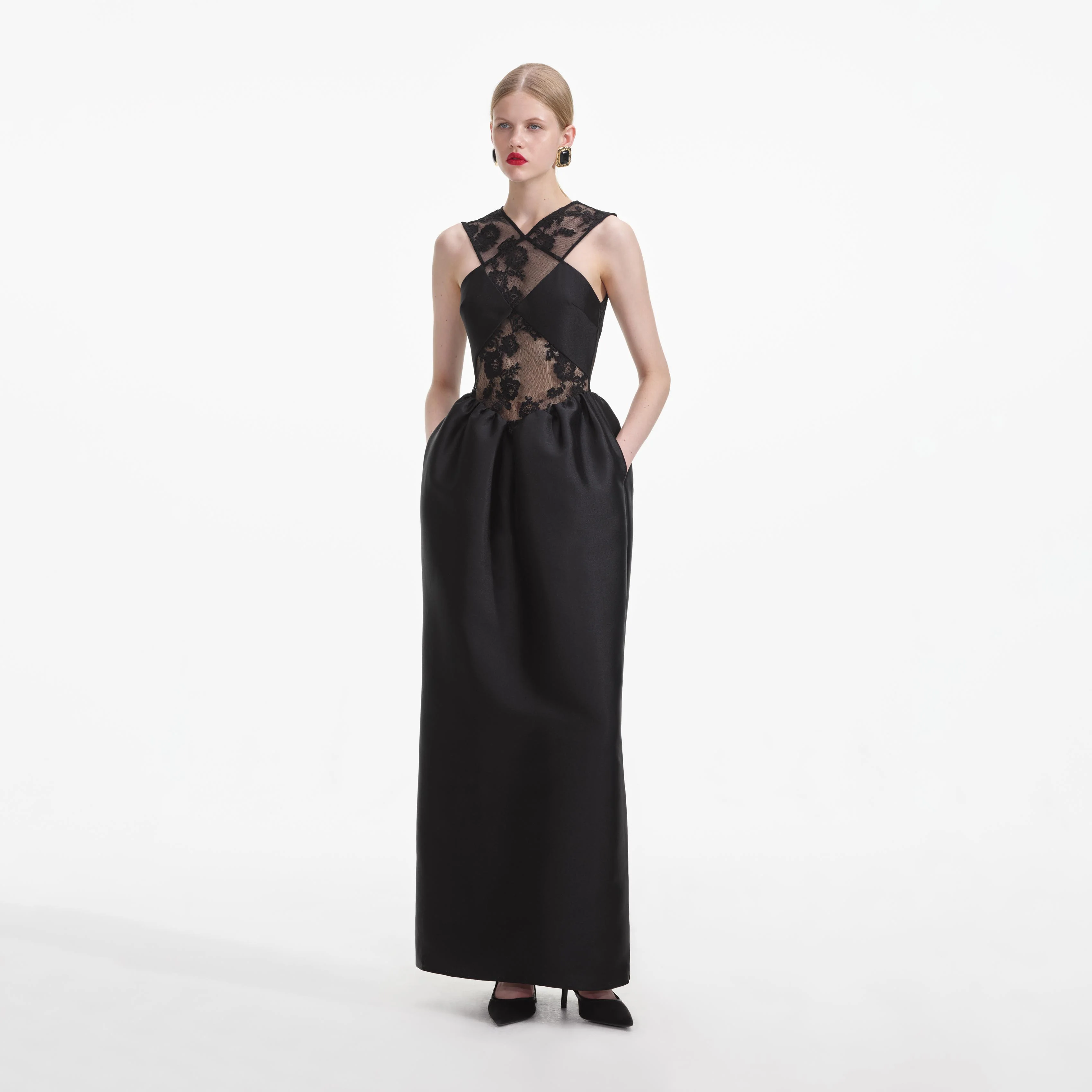 Black Lace Taffeta Maxi Dress - Image 2