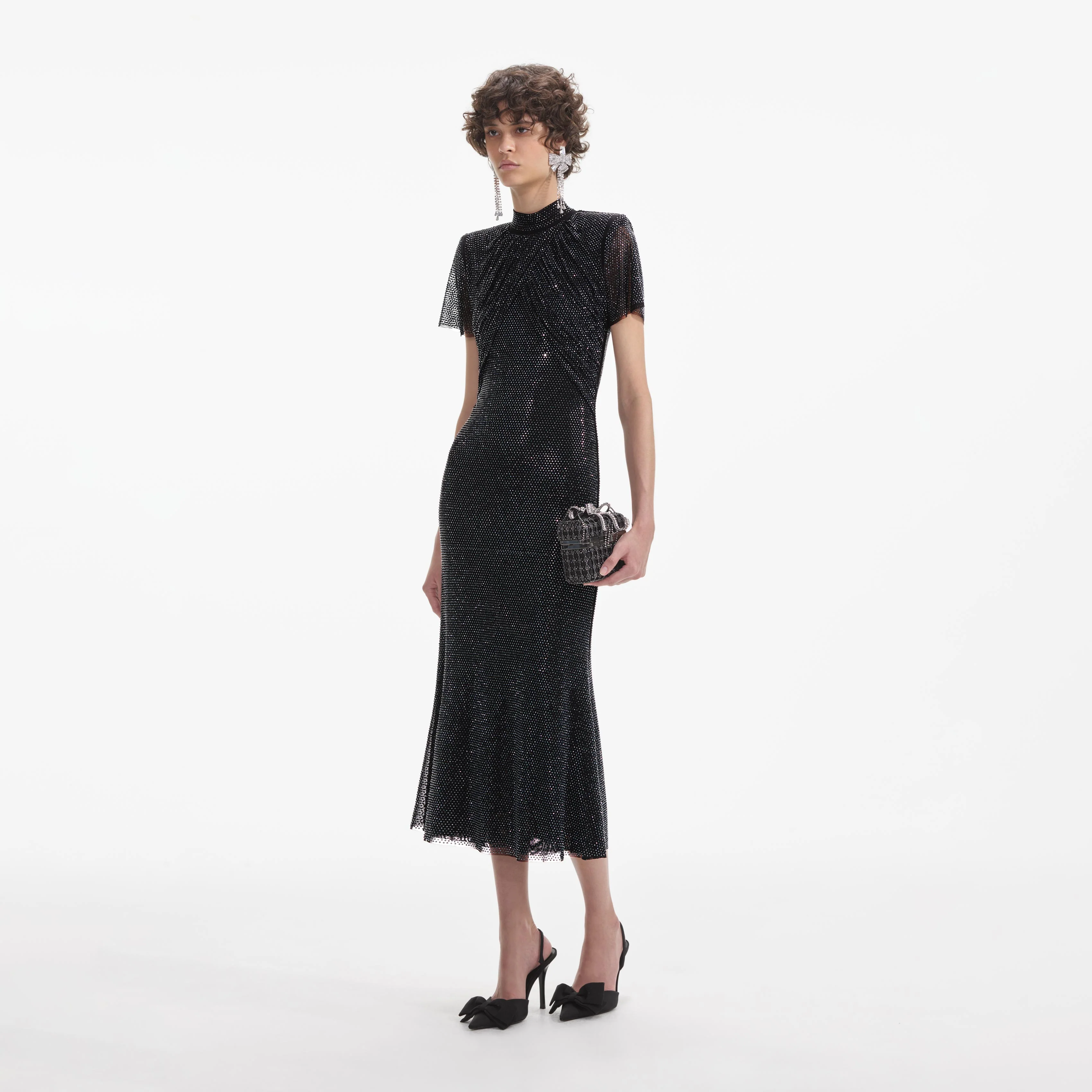 Black Rhinestone Mesh Midi Dress - Image 2