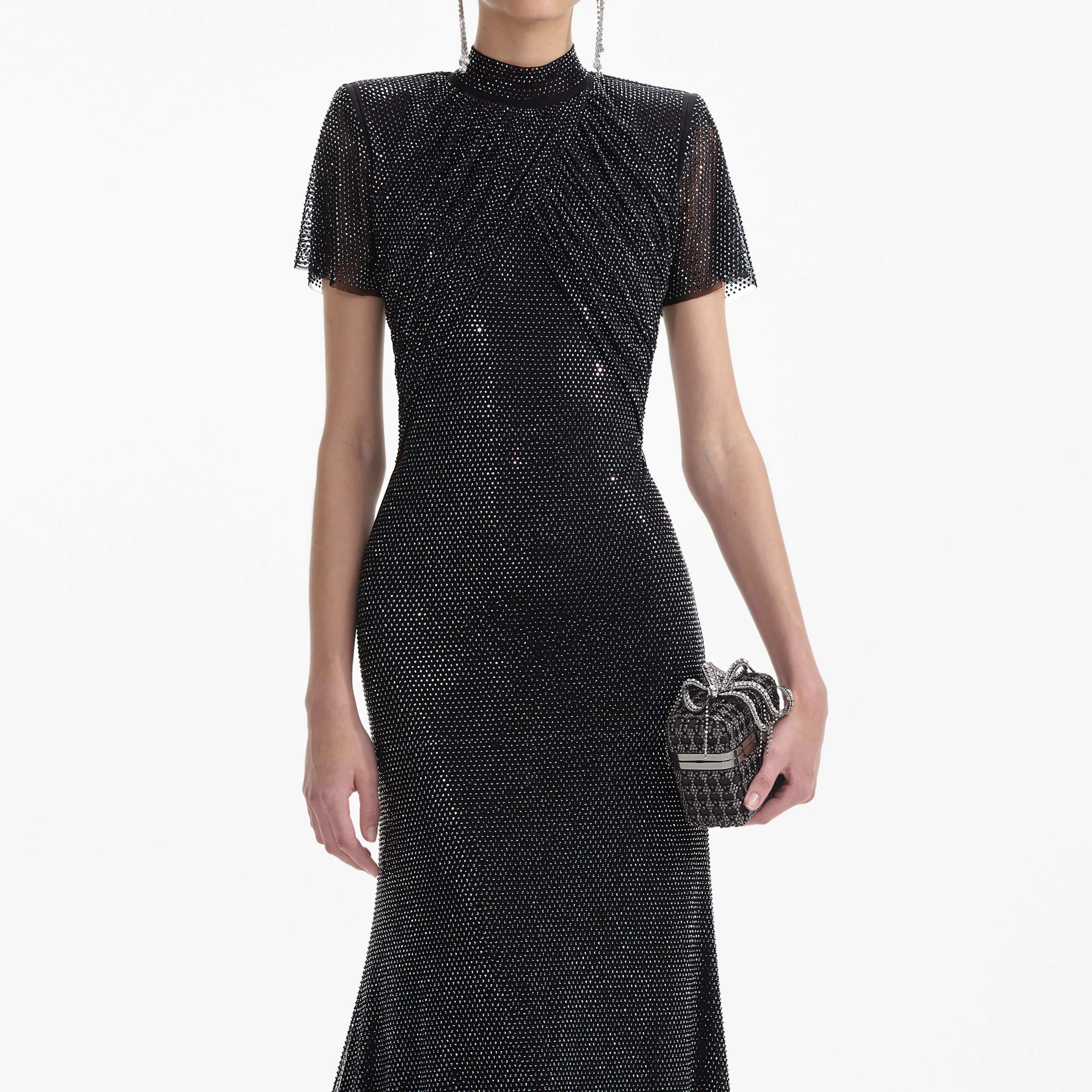 Black Rhinestone Mesh Midi Dress - Image 4