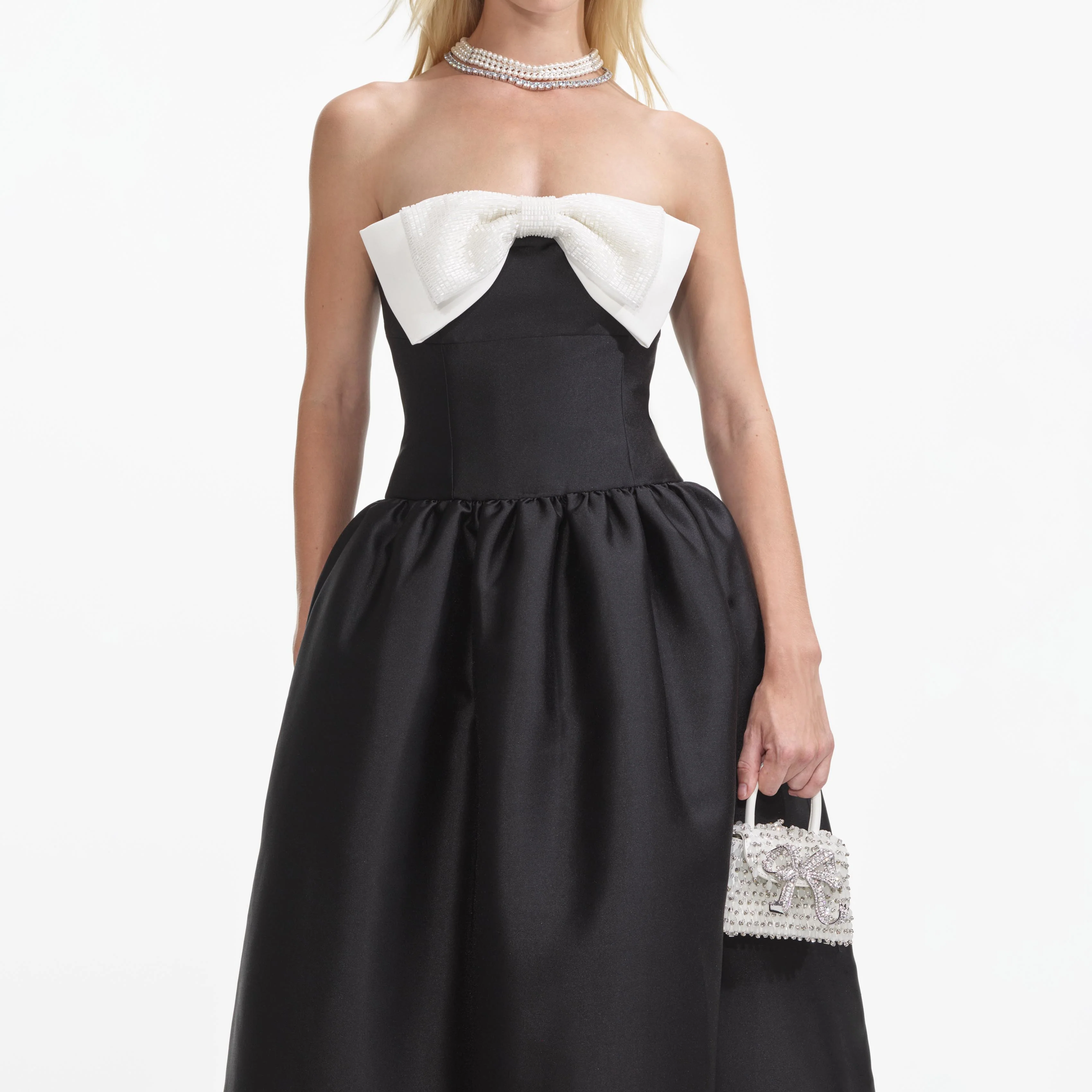 Black Taffeta Contrast Bow Midi Dress - Image 4