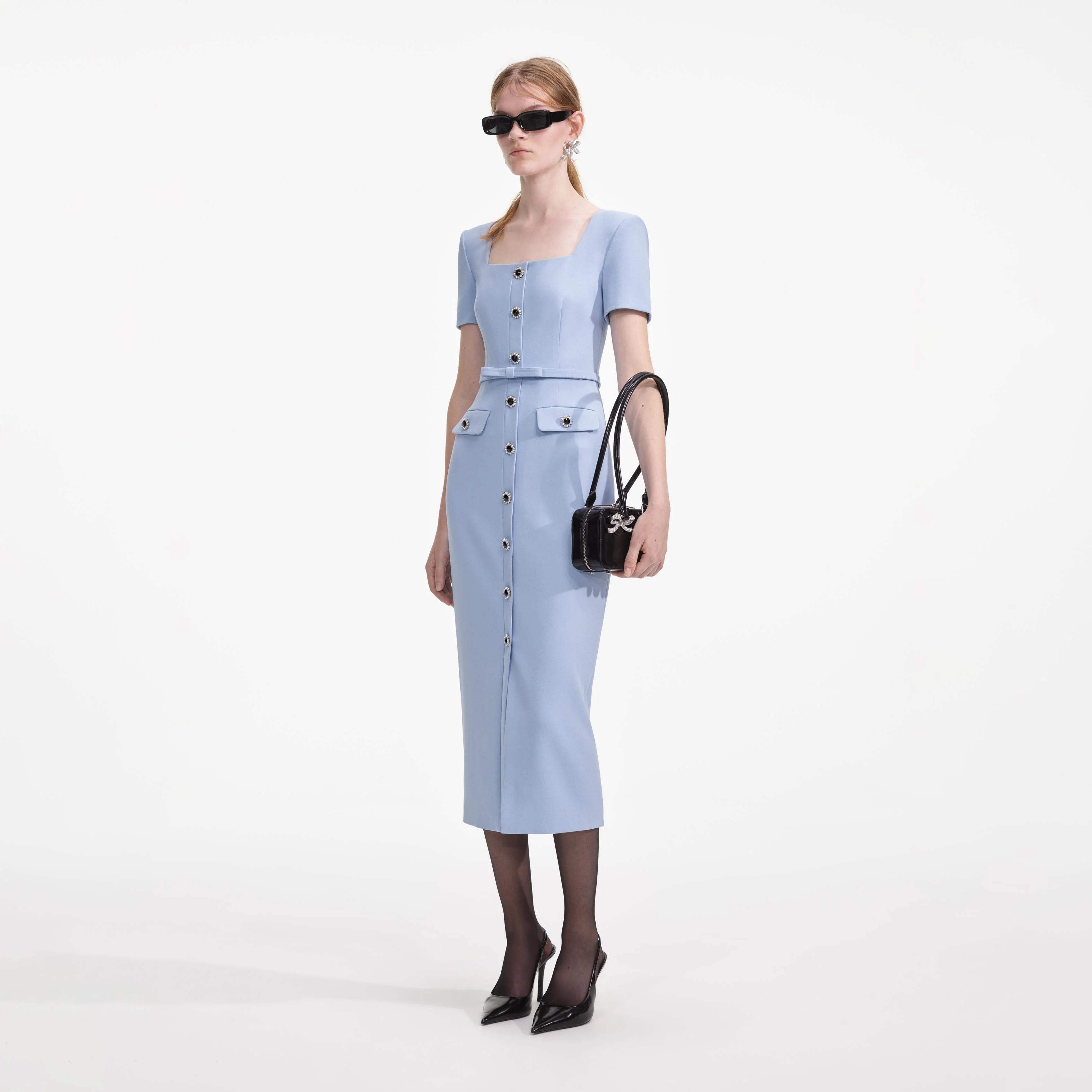 Blue Crepe Button Midi Dress - Image 2