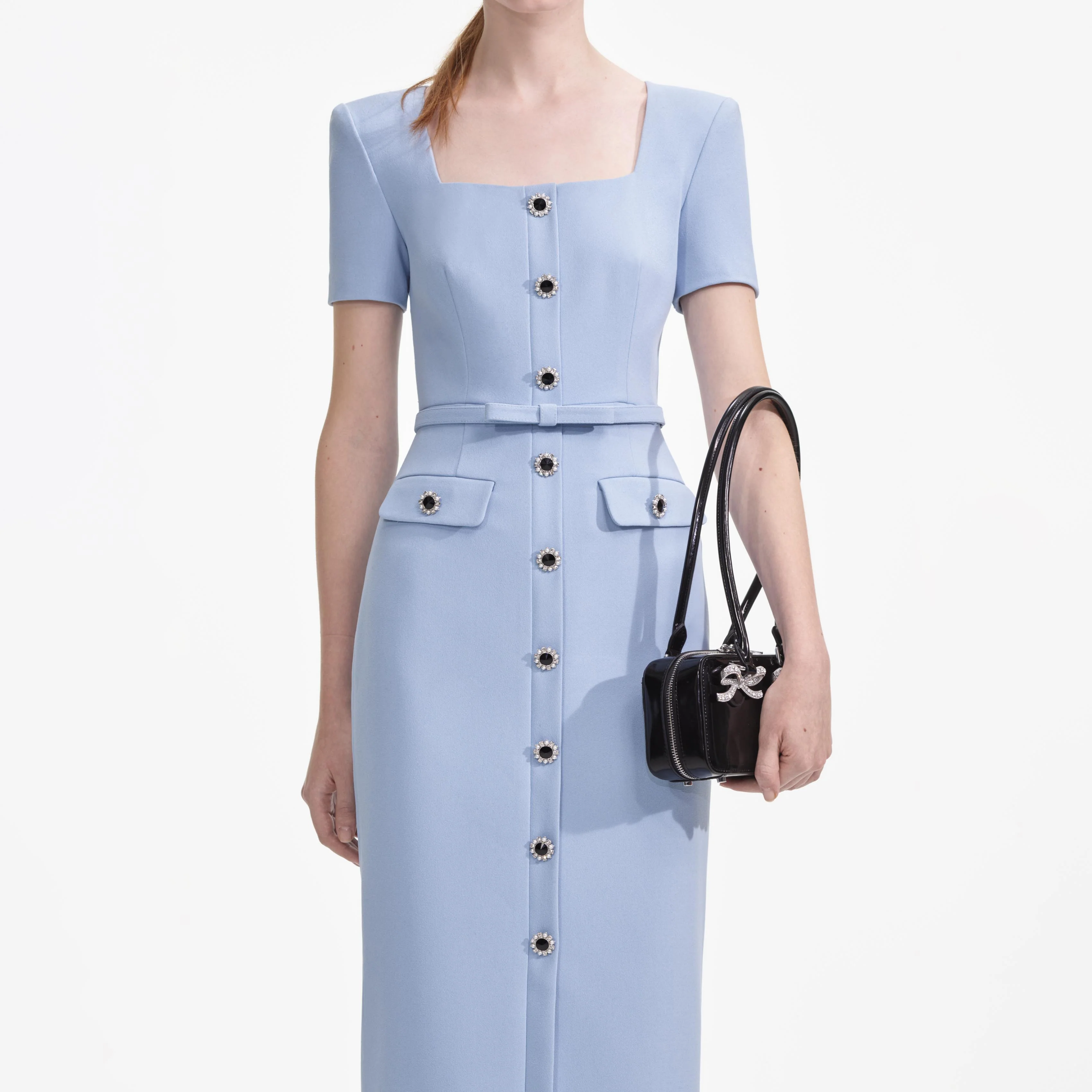 Blue Crepe Button Midi Dress - Image 4