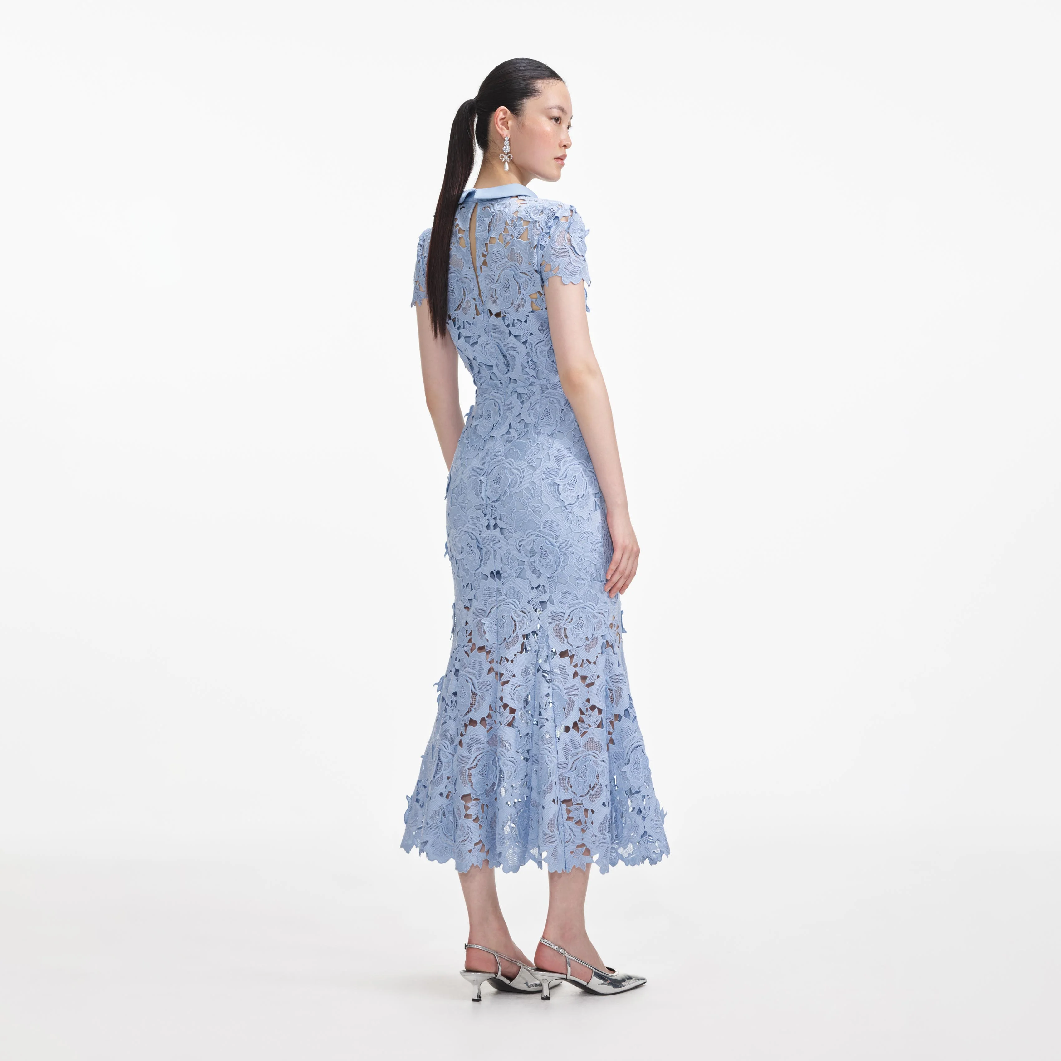 Blue Flower Lace Contrast Collar Midi Dress - Image 3
