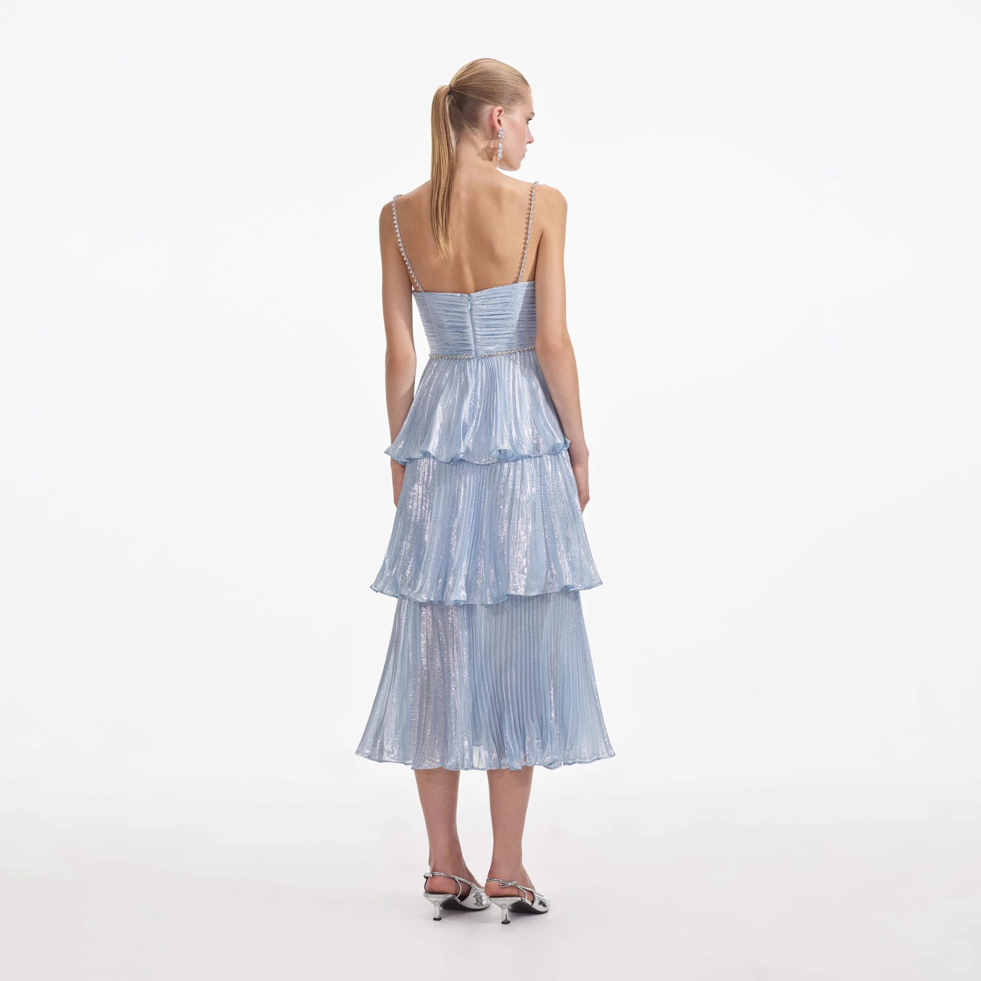 Blue Metallic Tiered Midi Dress - Image 3