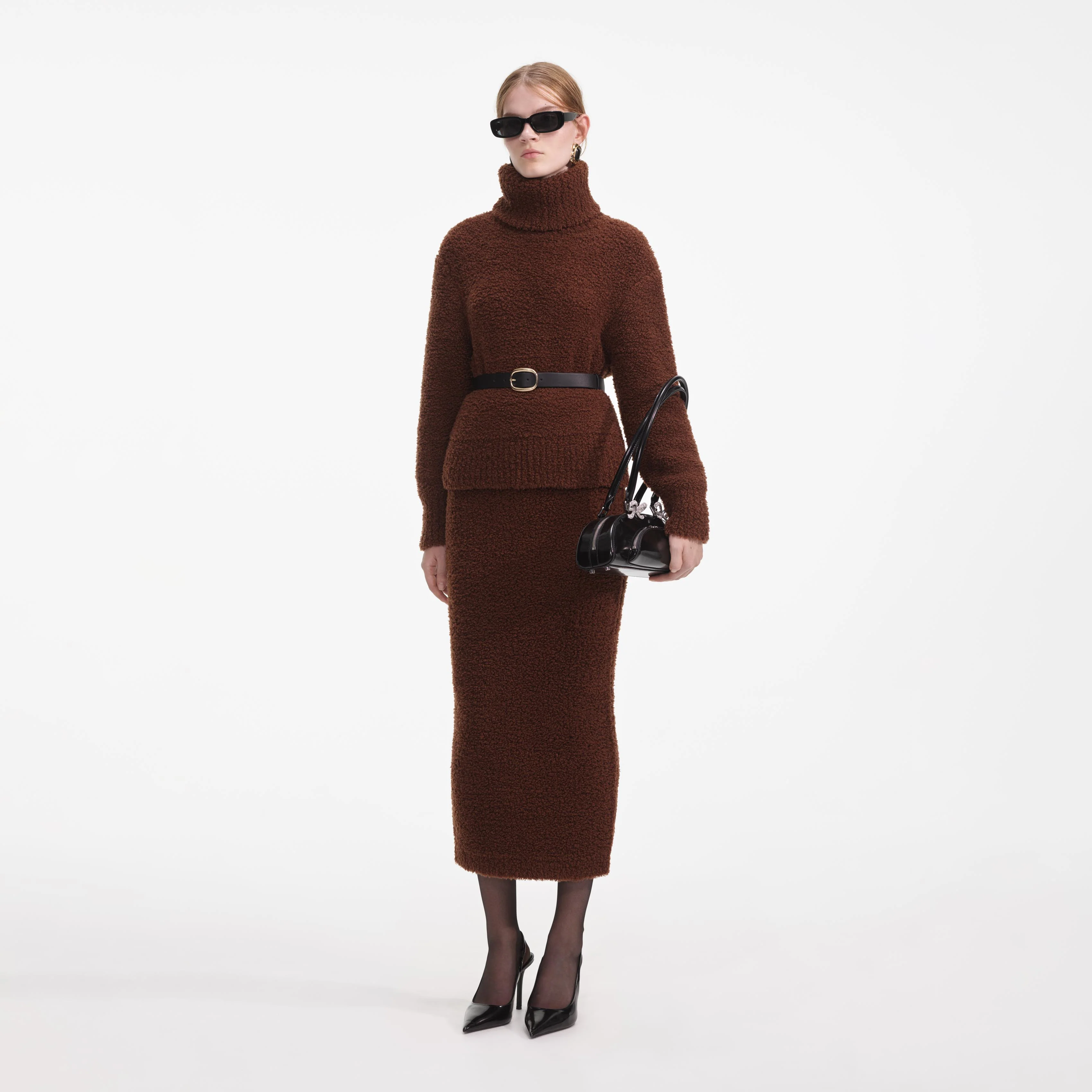 Brown Fluffy Knit Midi Skirt - Image 2