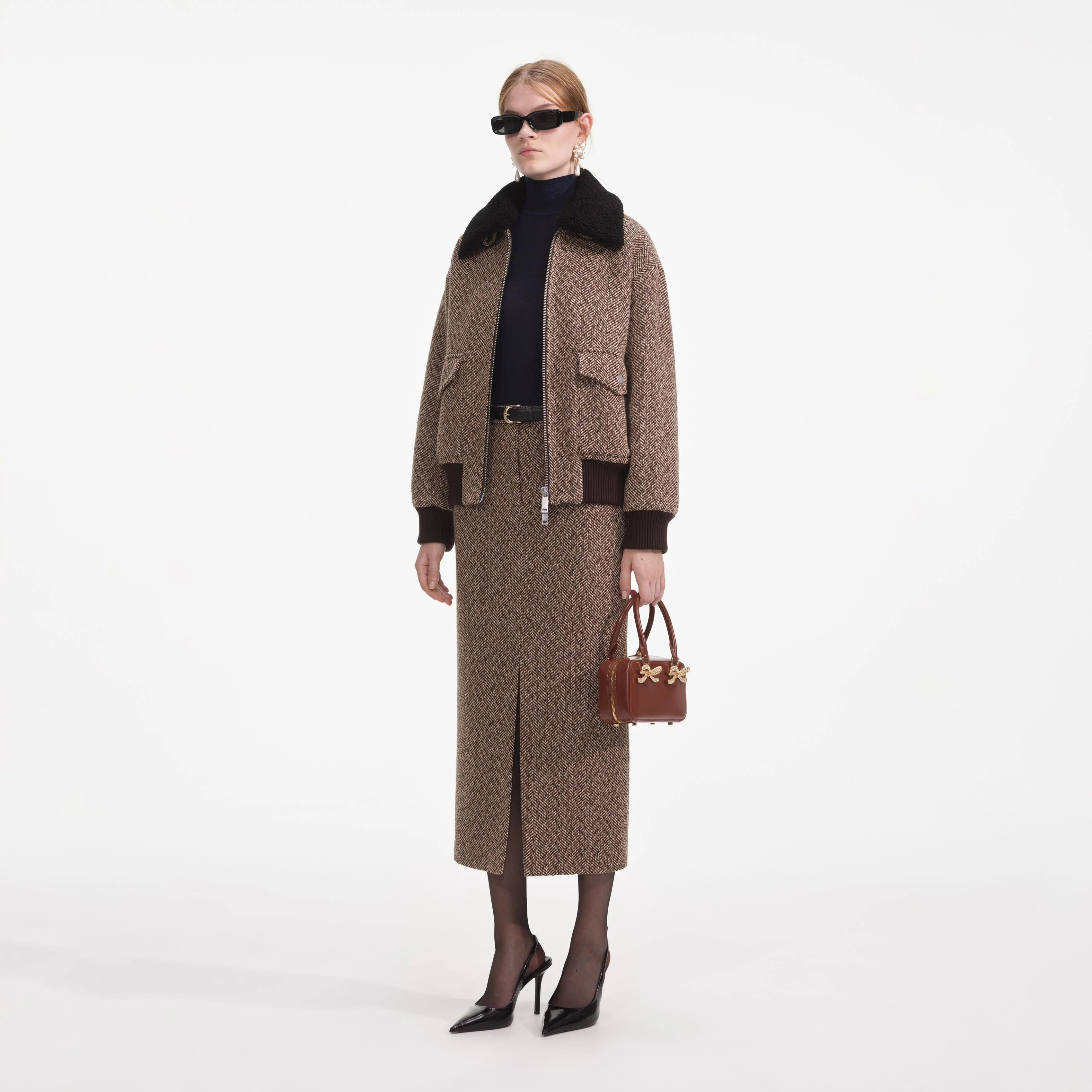 Brown Herringbone Midi Skirt - Image 2