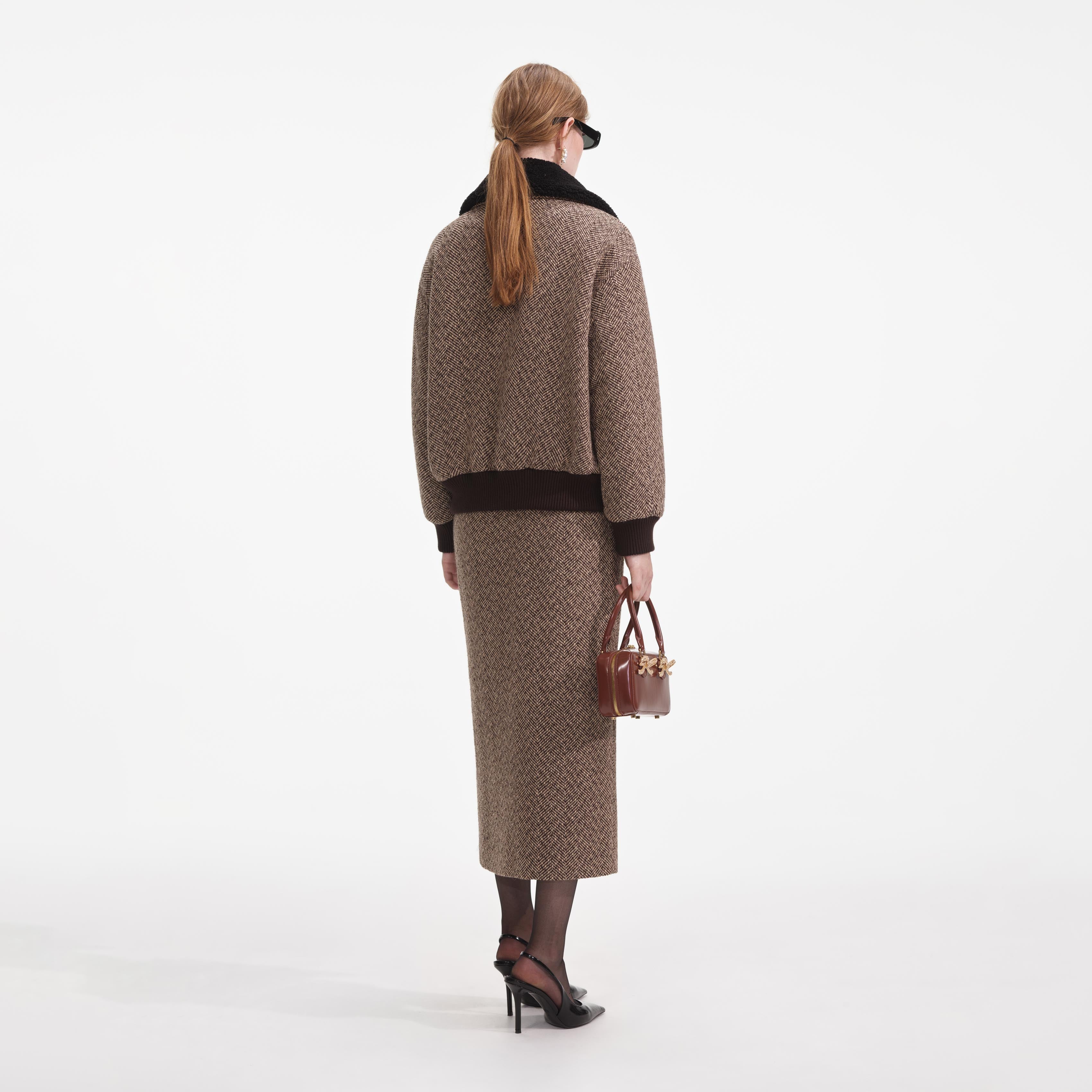 Brown Herringbone Midi Skirt - Image 3