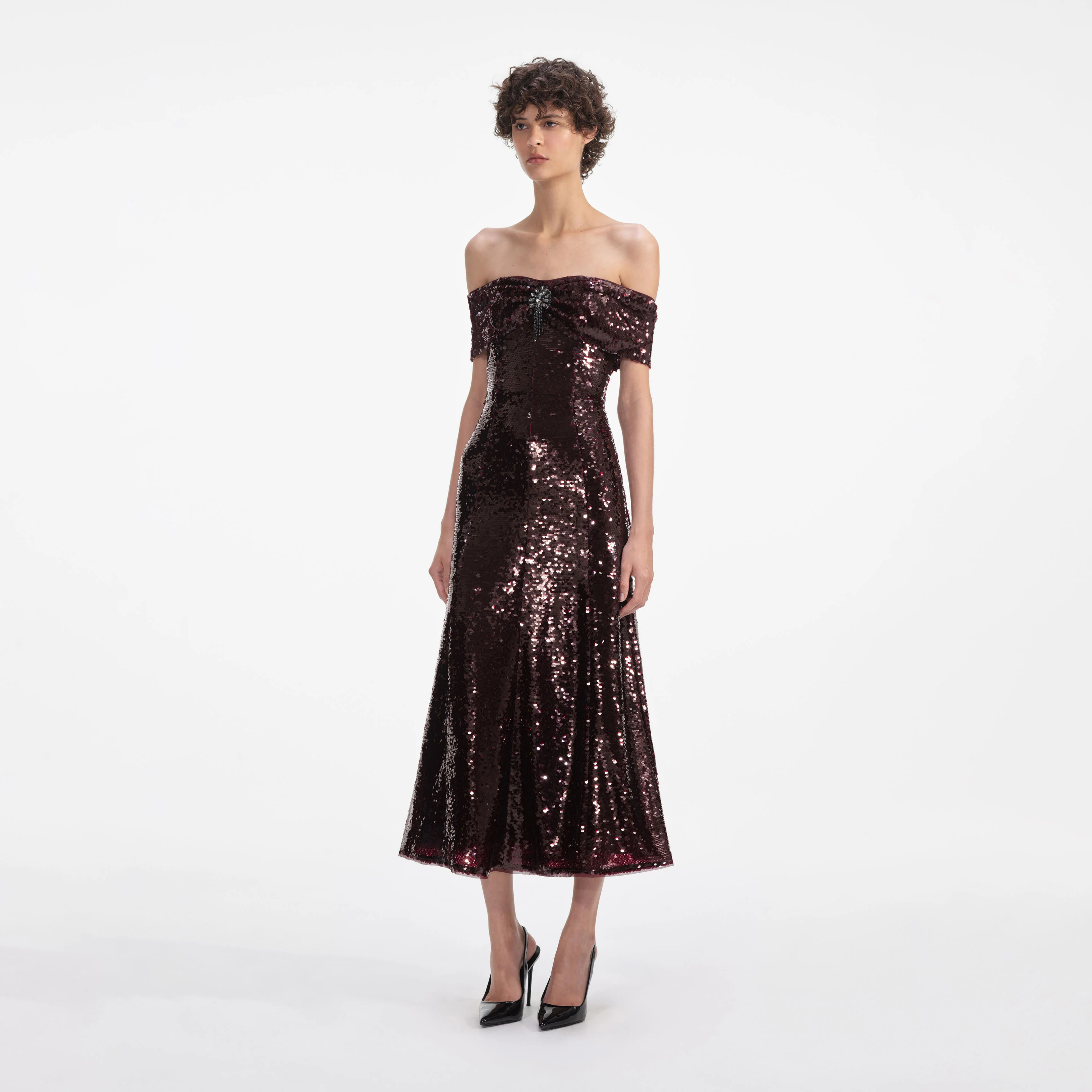 Brown Sequin Off Shoulder Midi Dress - Image 2
