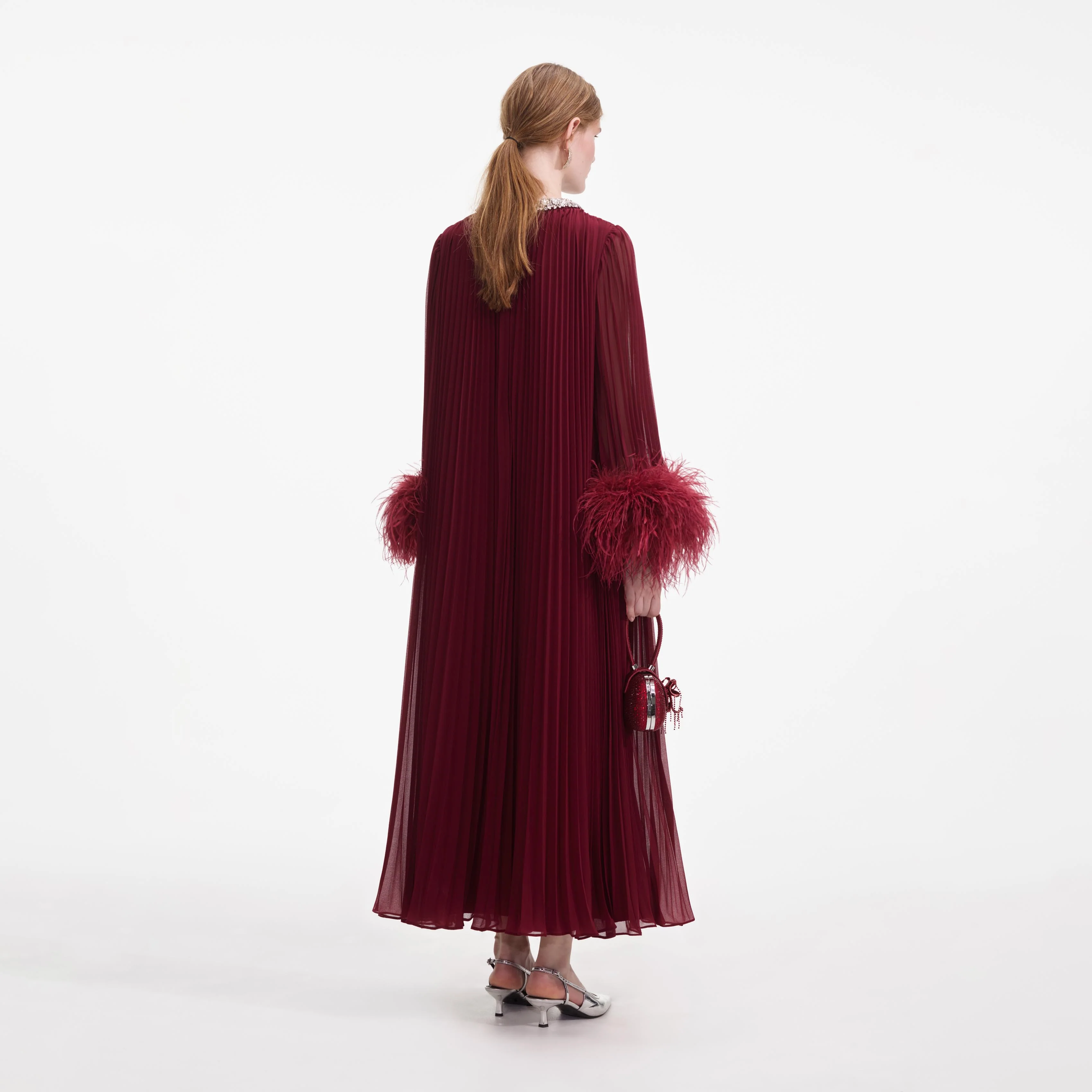 Burgundy Chiffon Feather Midi Dress - Image 3