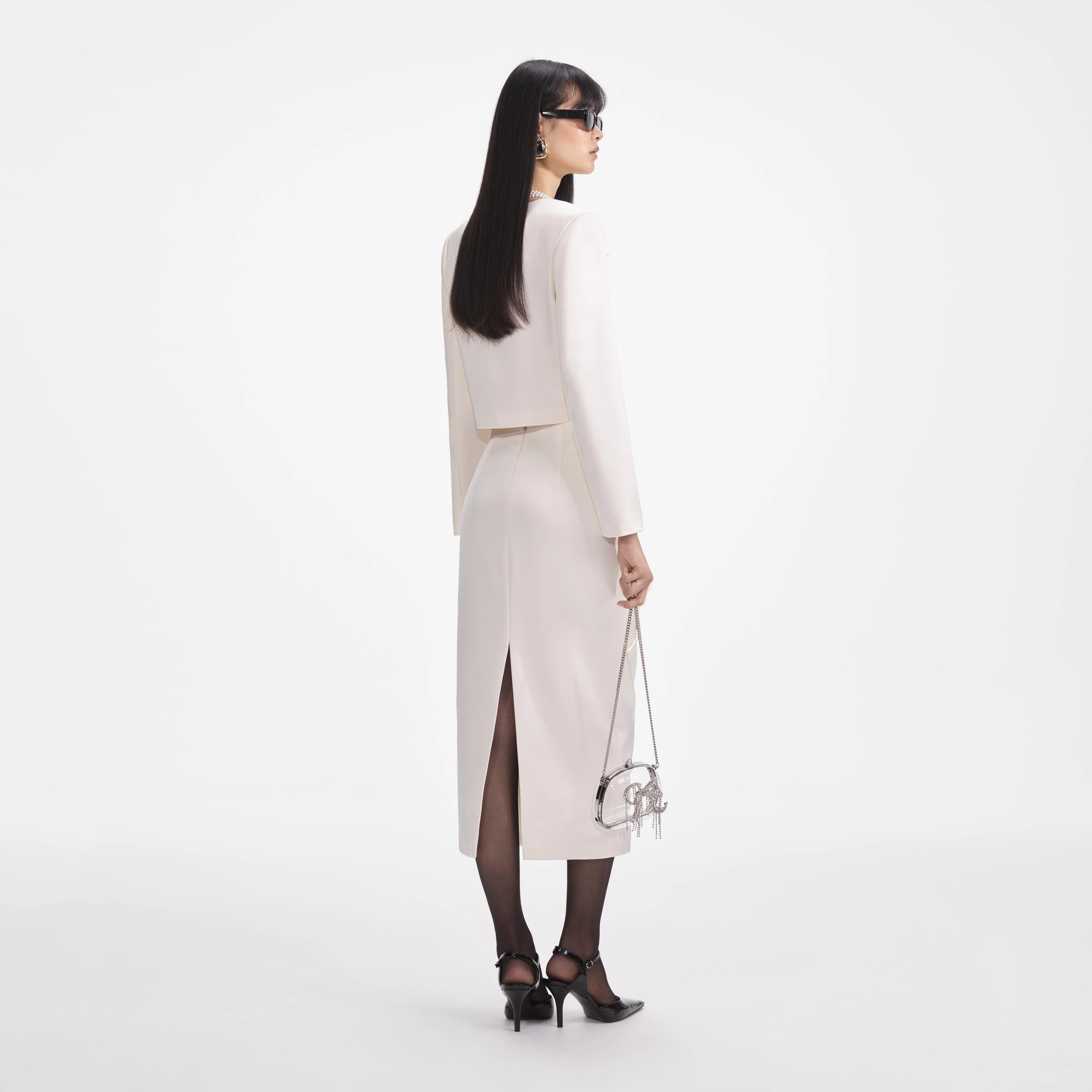 Cream 3D Flower Satin Midi Skirt - Image 3