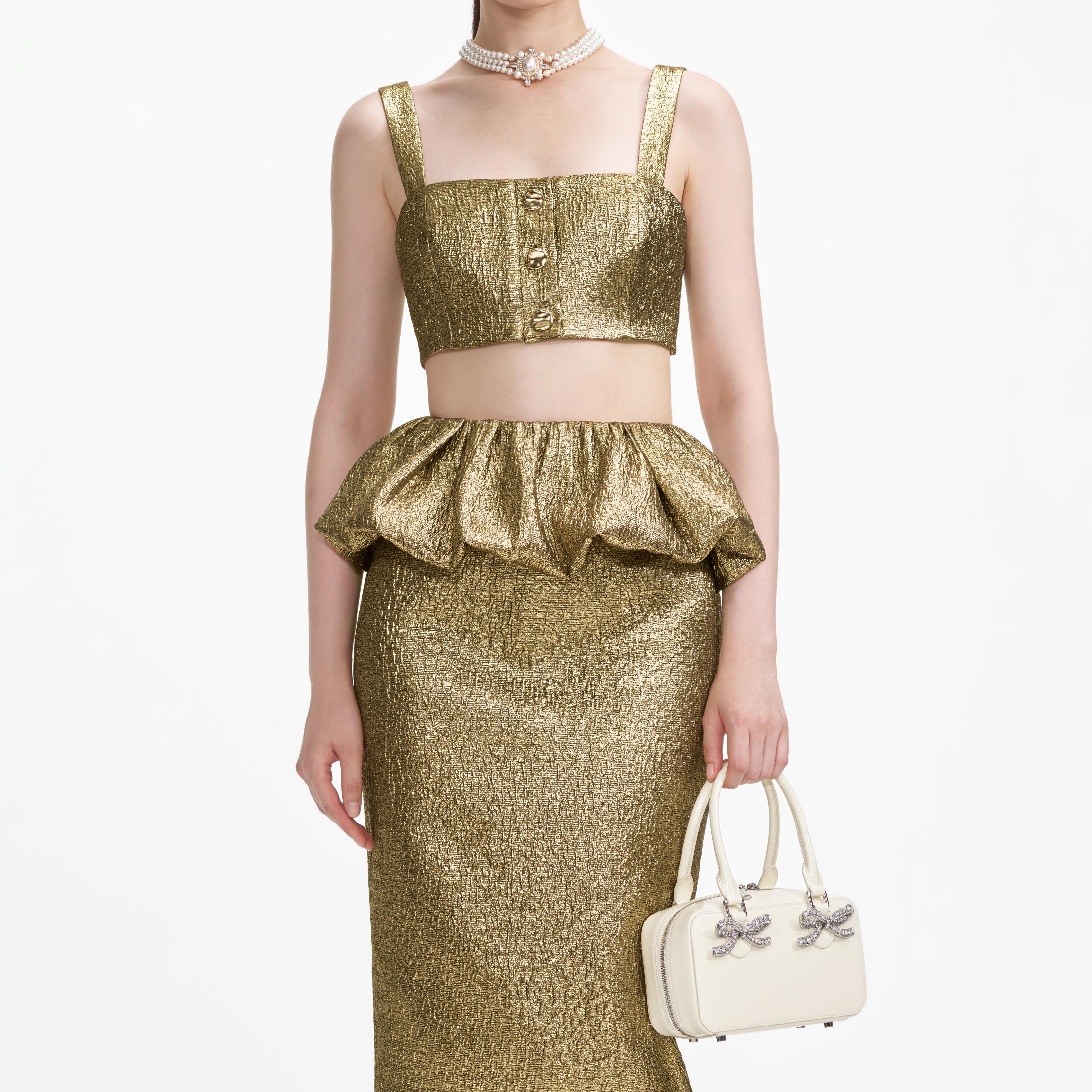 Gold Metallic Jacquard Crop Top - Image 4