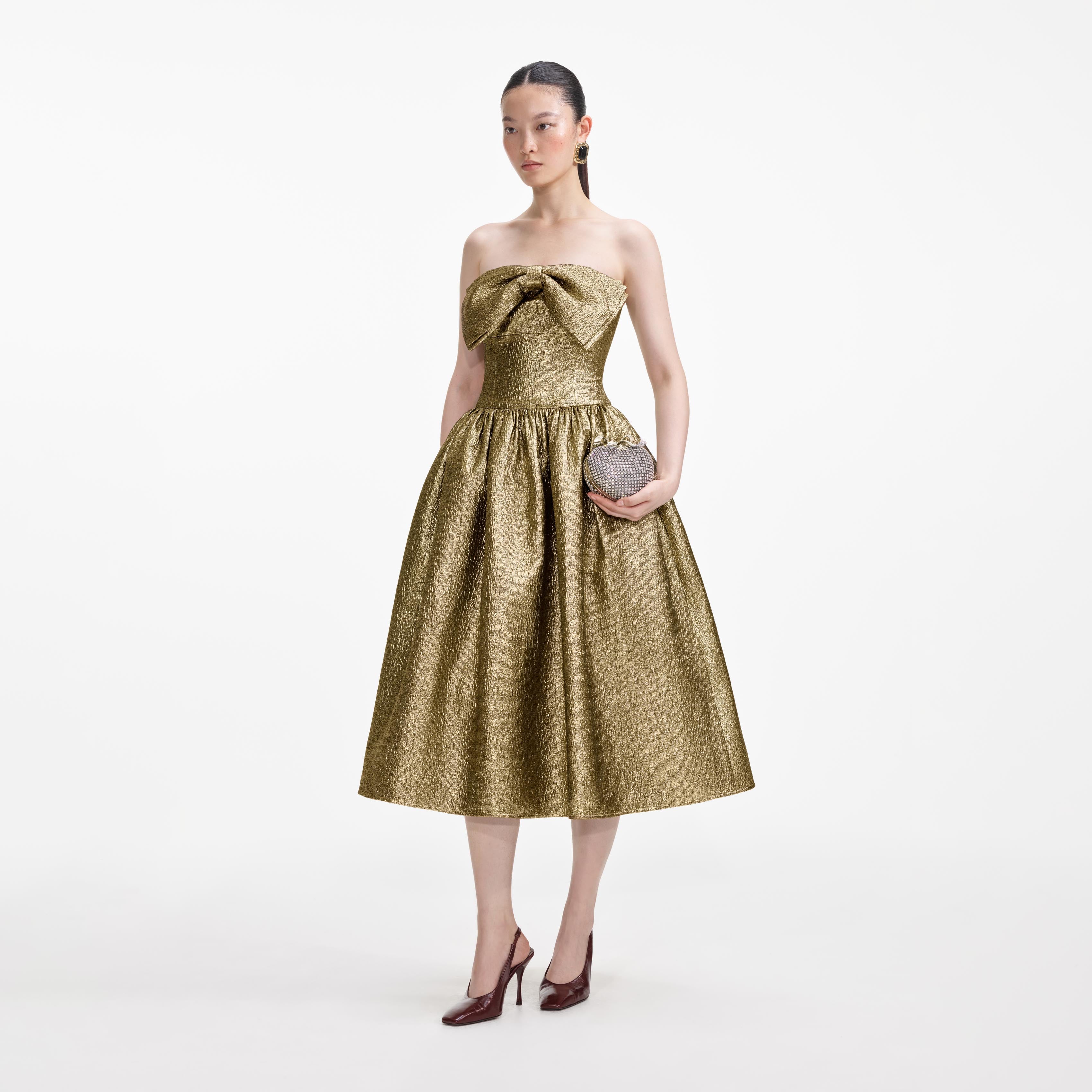 Gold Metallic Jacquard Midi Dress - Image 2