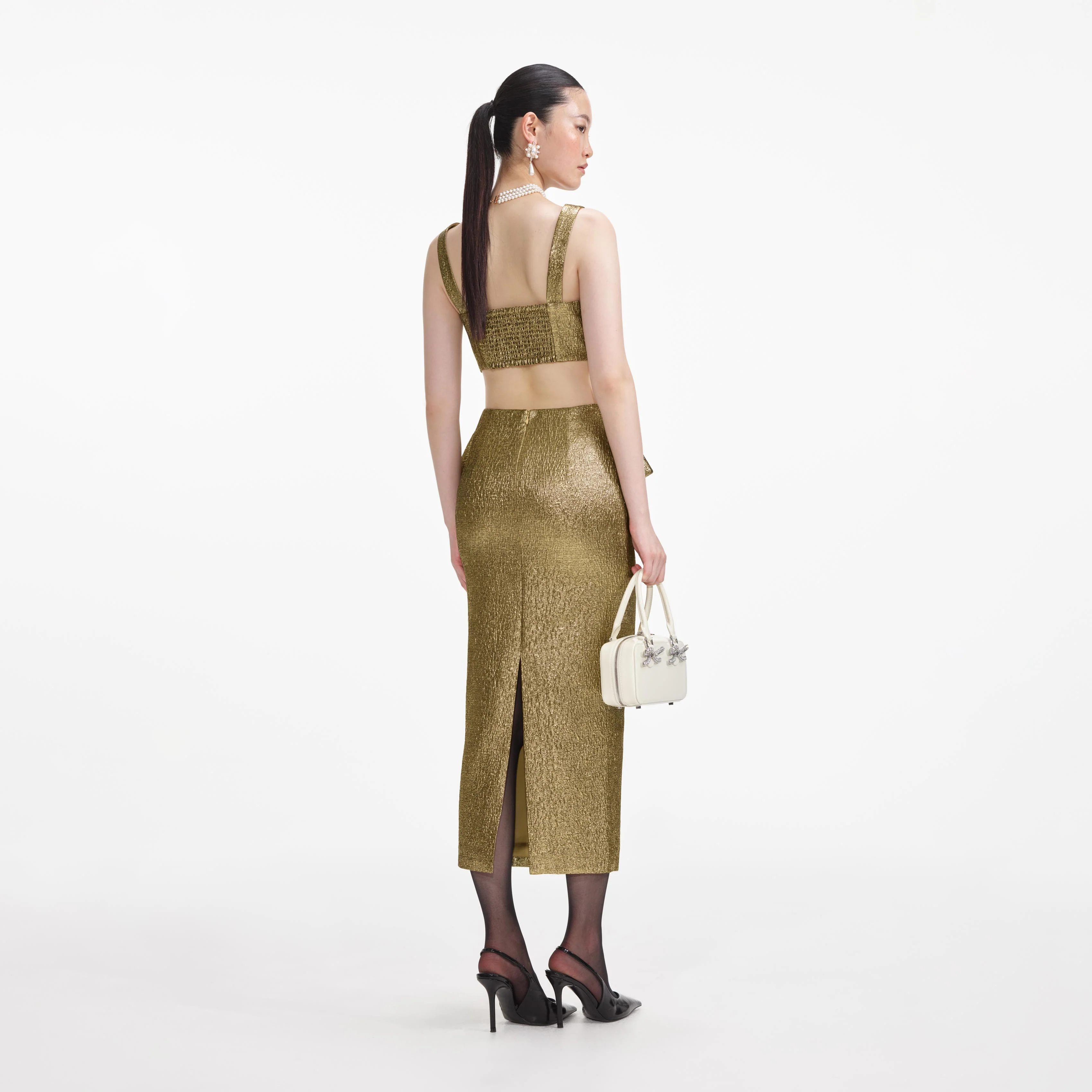 Gold Metallic Jacquard Midi Skirt - Image 3