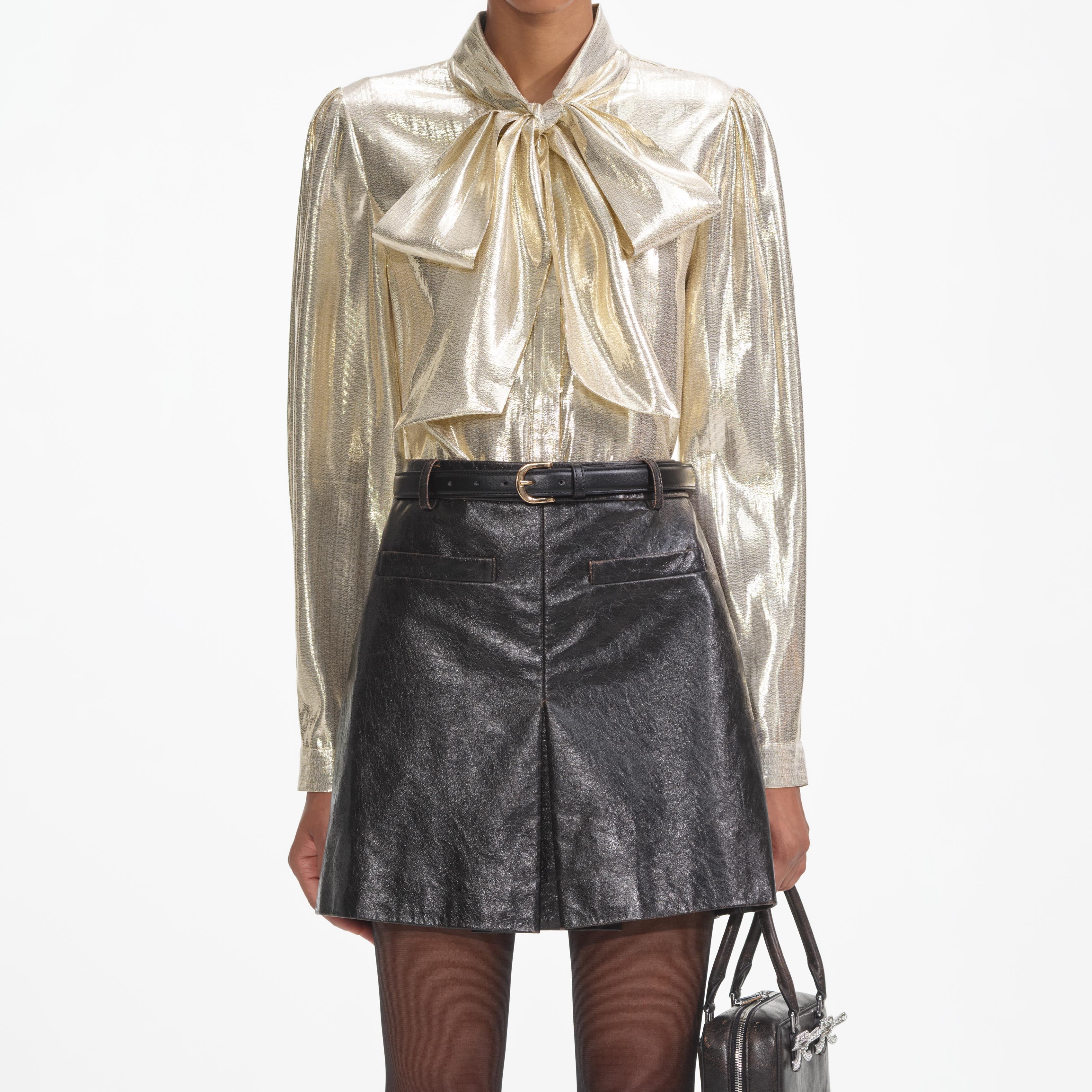 Gold Metallic Tie Neck Blouse - Image 4