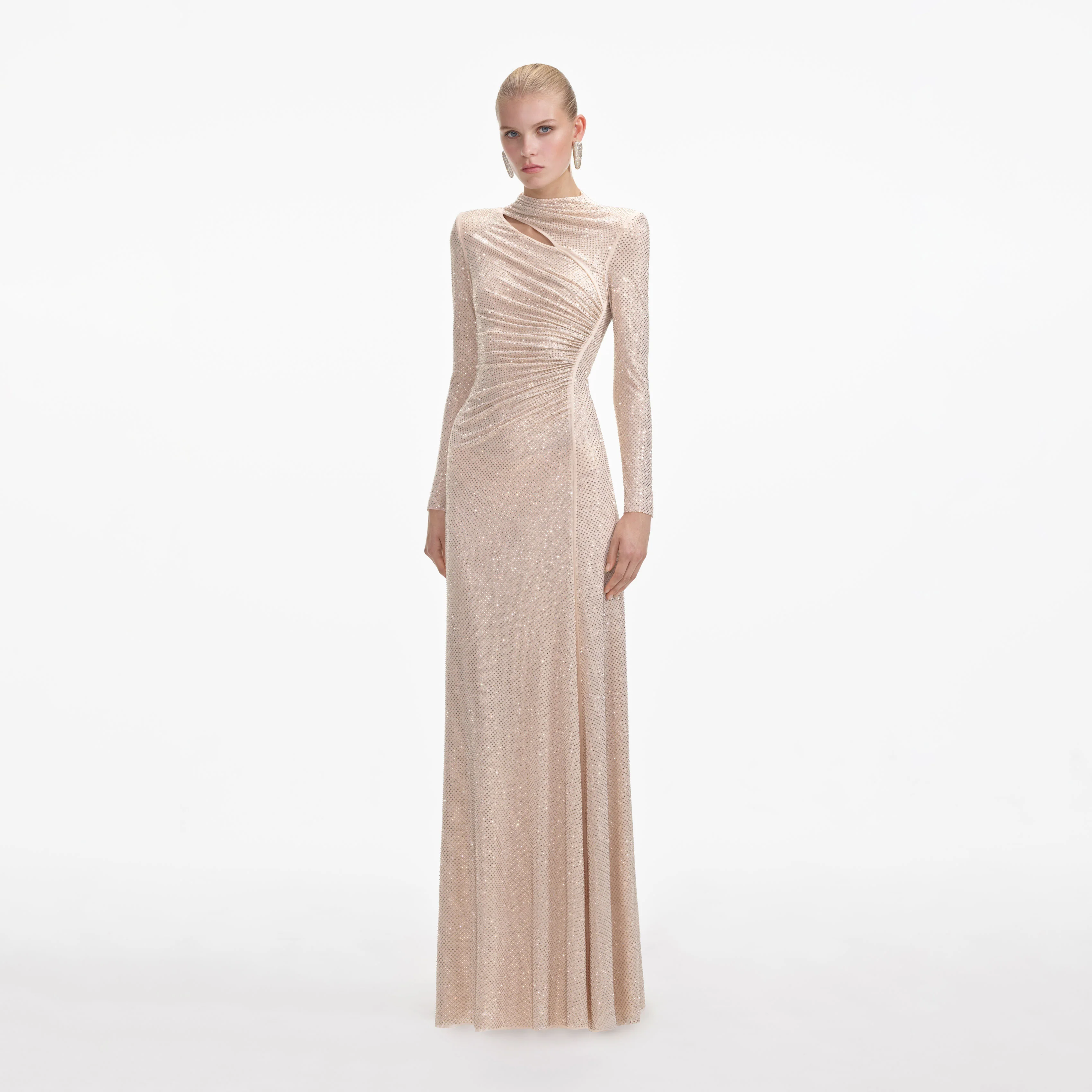 Gold Rhinestone Mesh Cut Out Maxi Dress - Image 2
