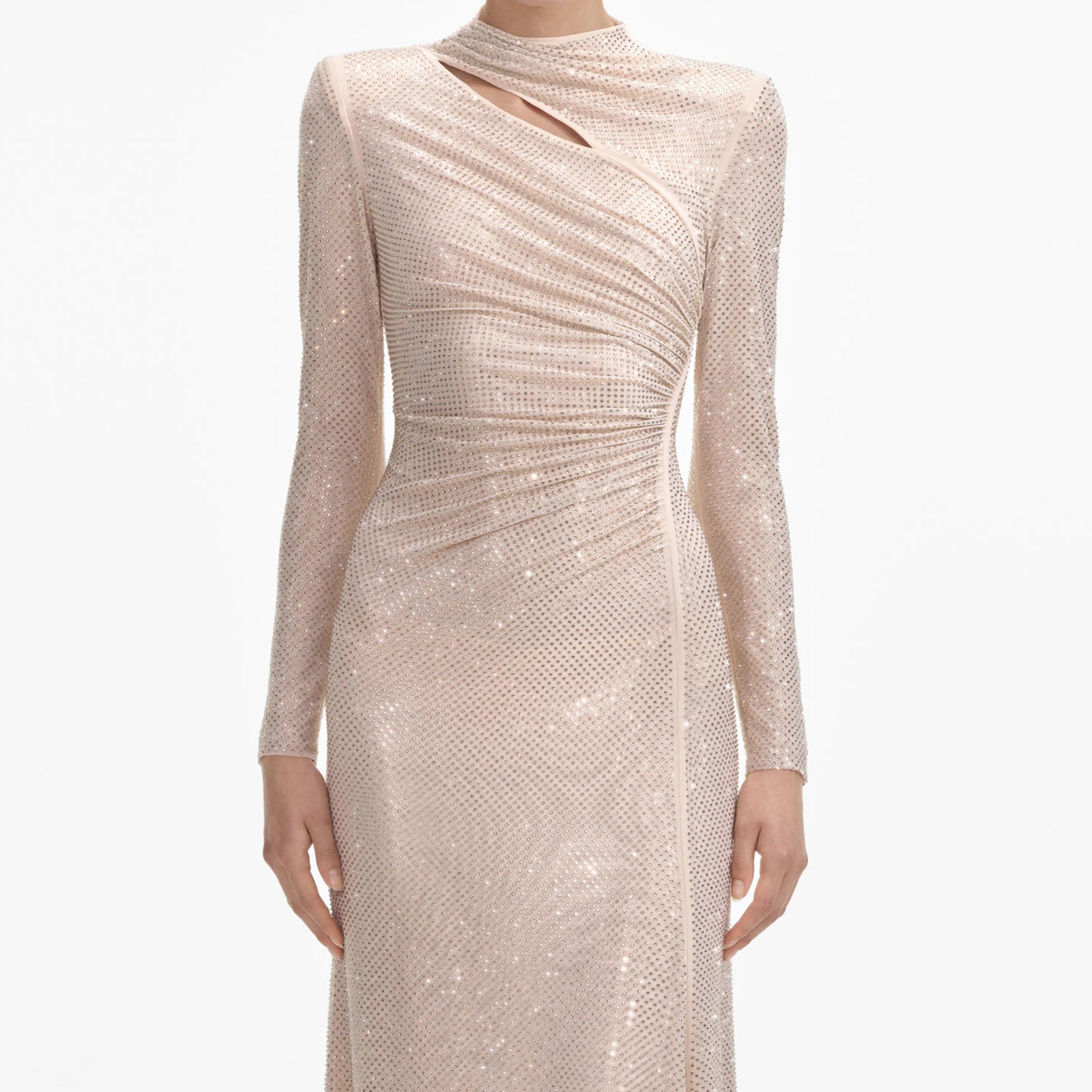 Gold Rhinestone Mesh Cut Out Maxi Dress - Image 4