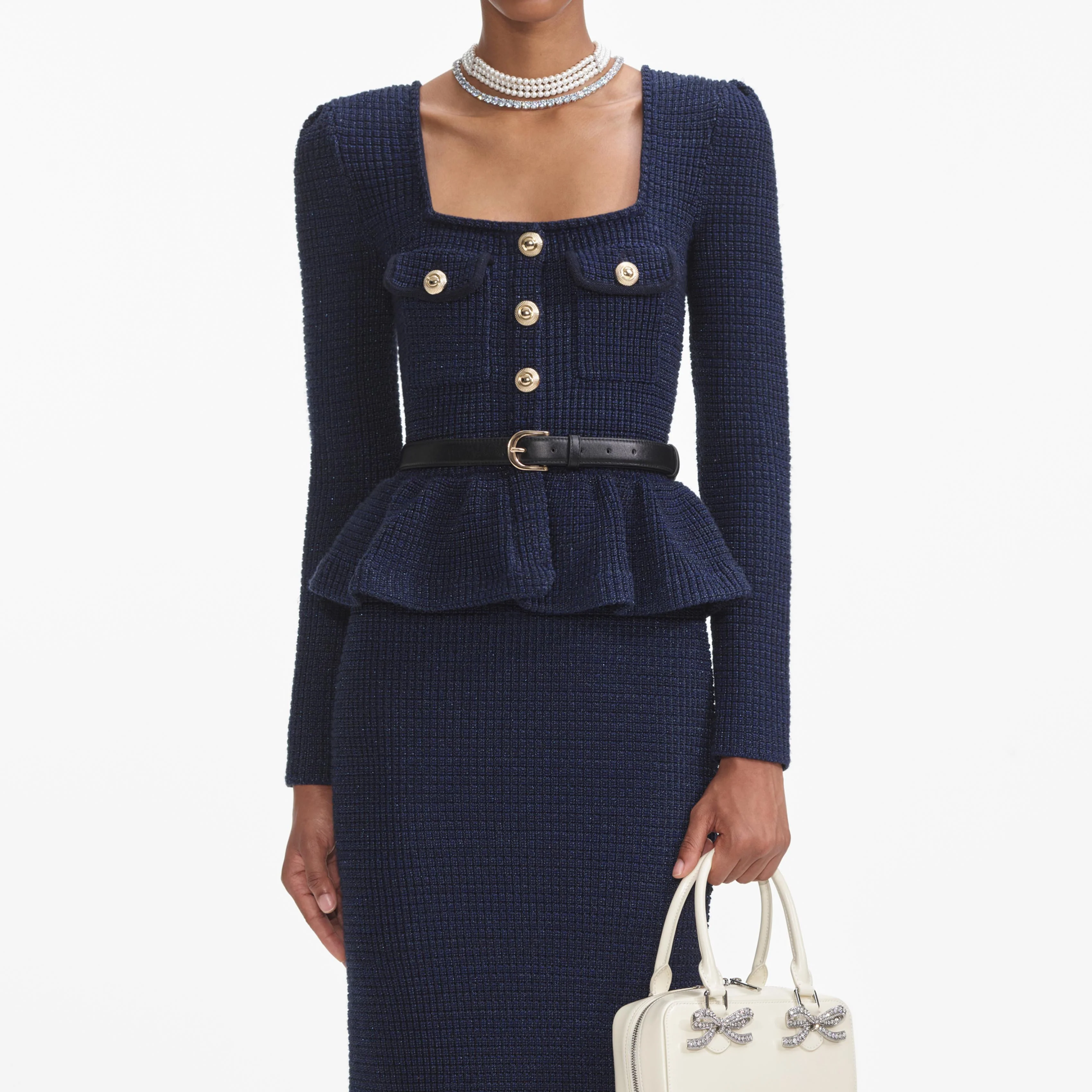 Navy Knit Peplum Midi Dress - Image 4