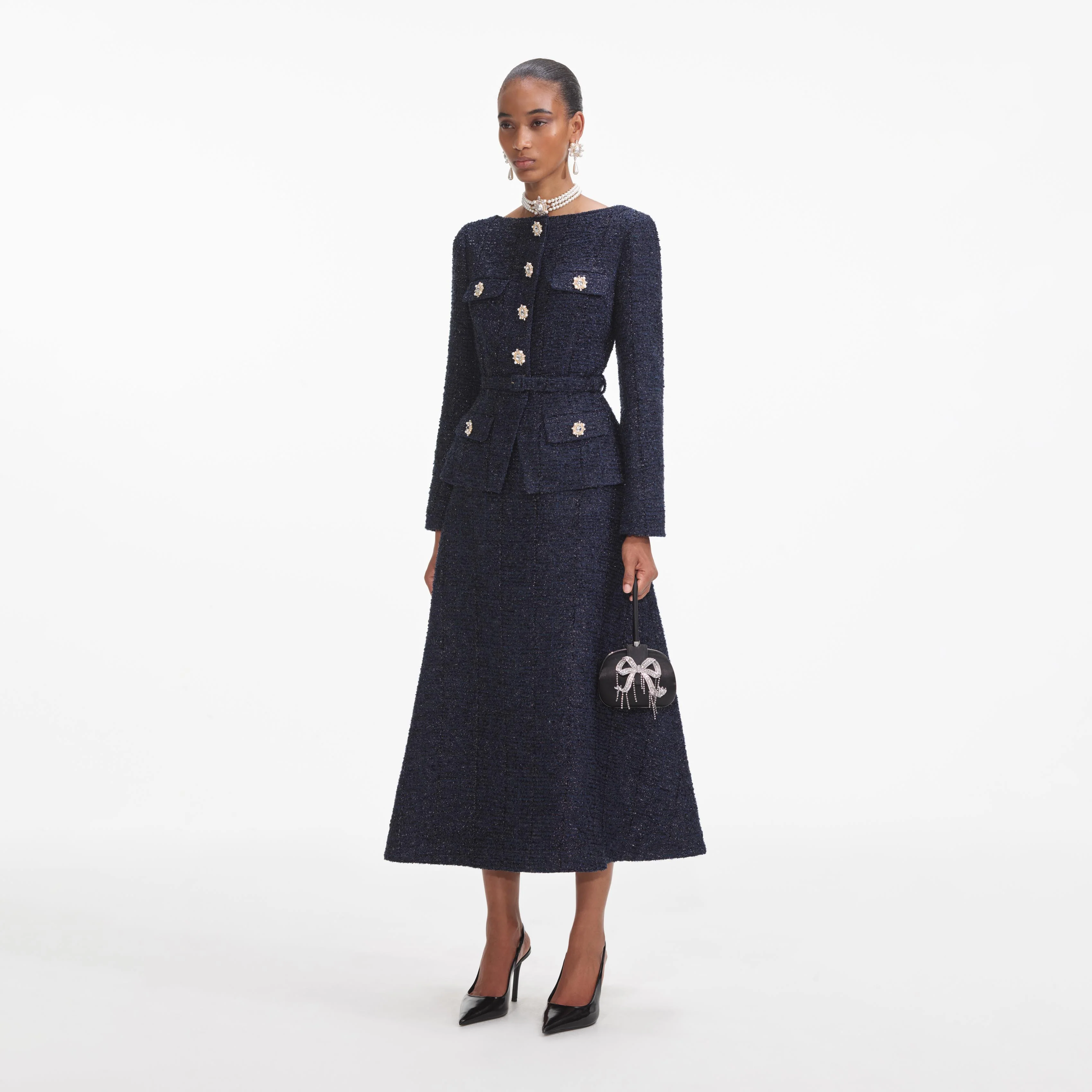 Navy Metallic Structured Boucle Midi Dress - Image 2