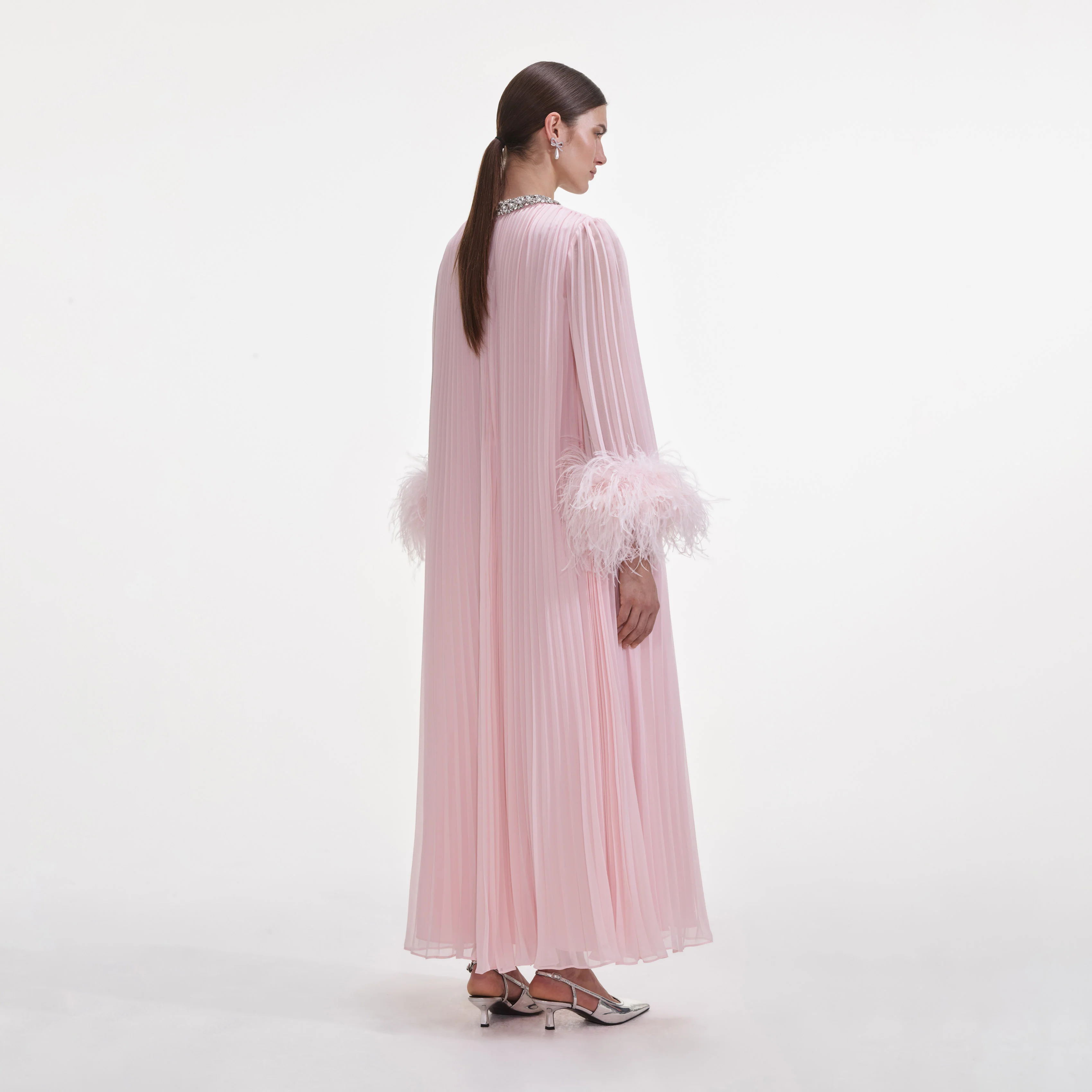 Pink Chiffon Feather Midi Dress - Image 3