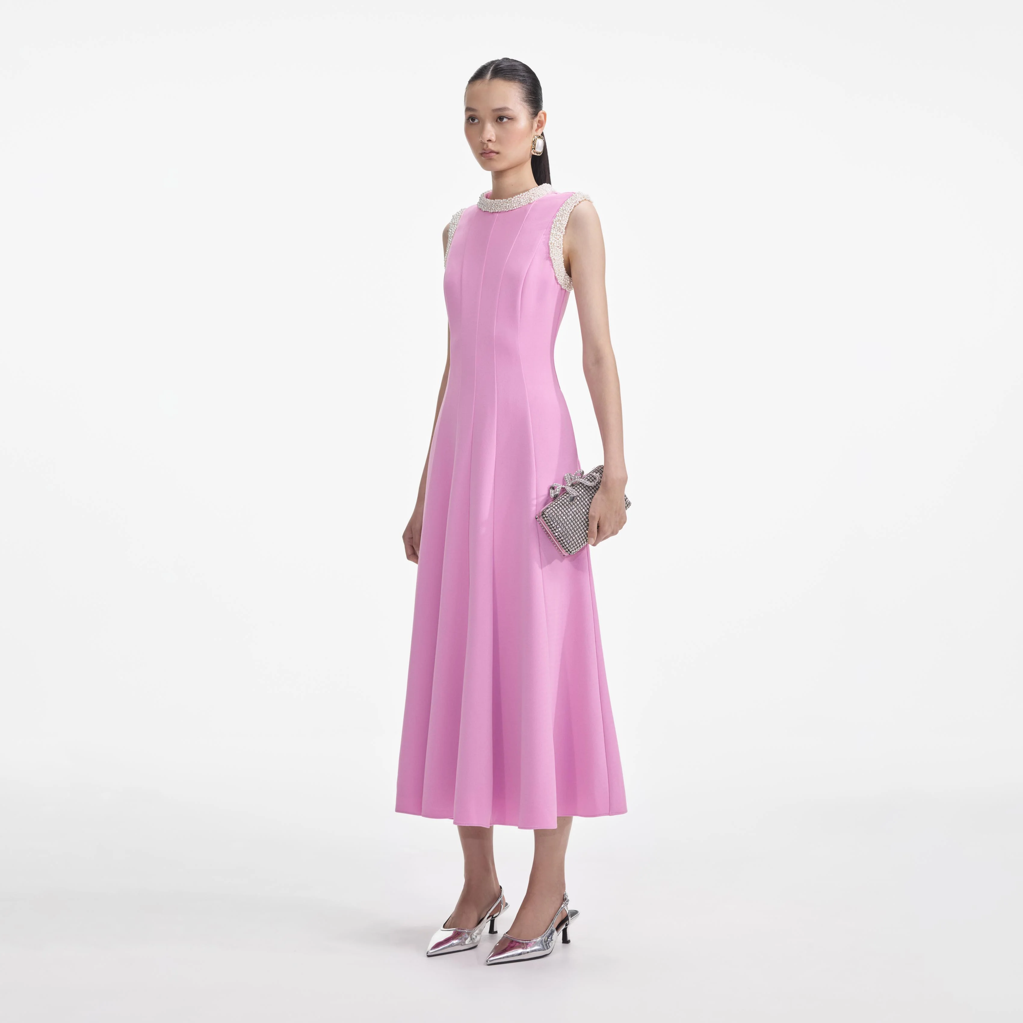 Pink Crepe Pearl Trim Midi Dress - Image 2