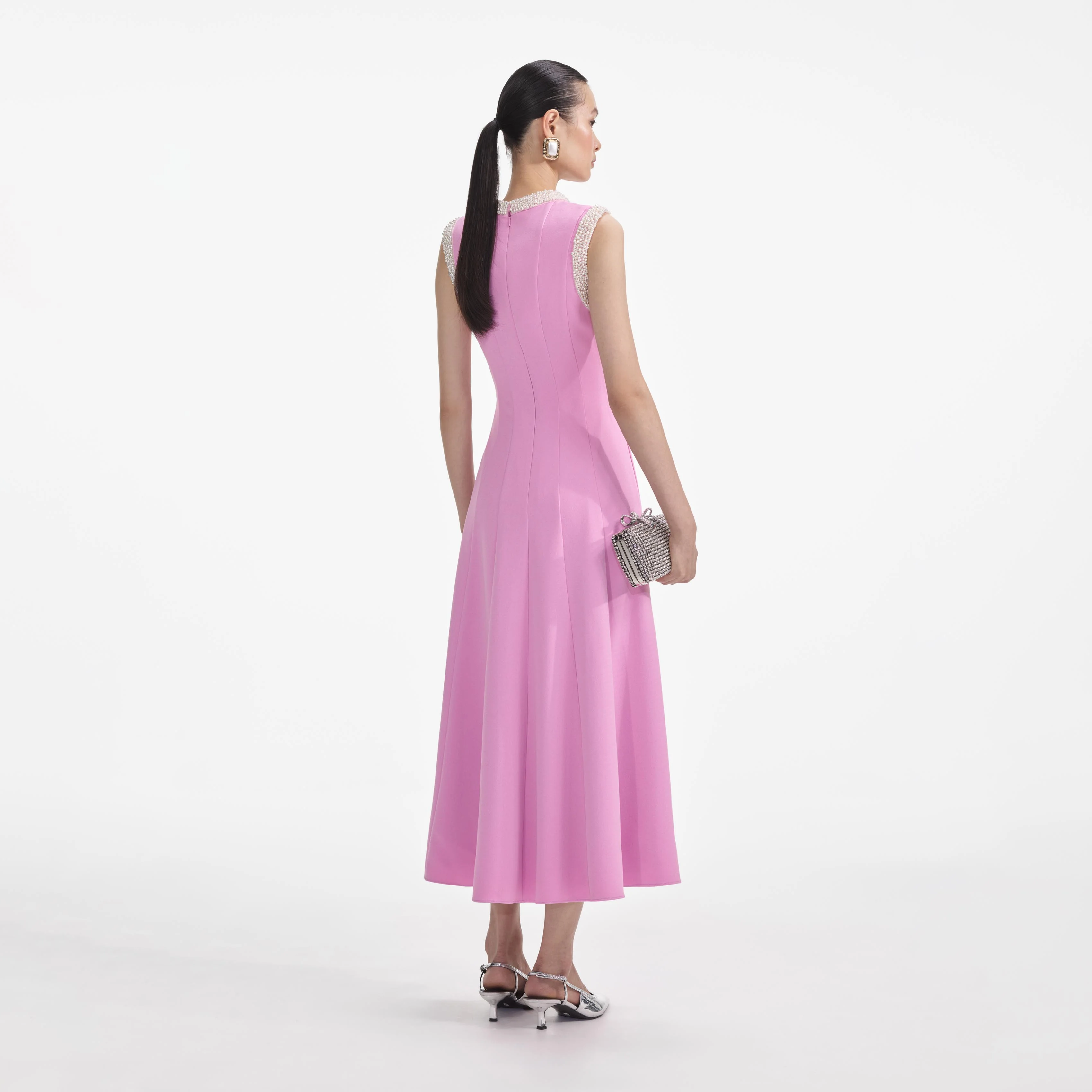 Pink Crepe Pearl Trim Midi Dress - Image 3