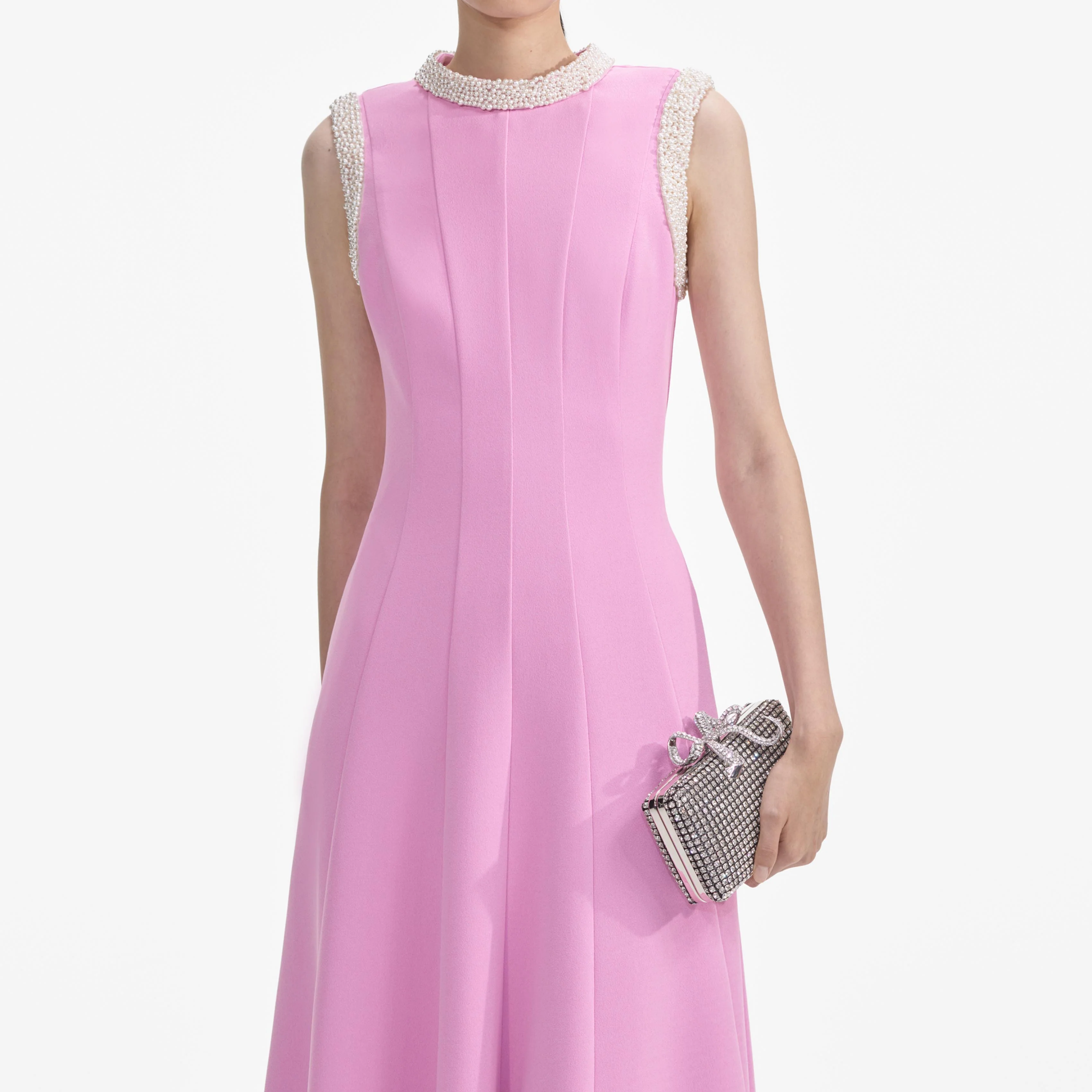 Pink Crepe Pearl Trim Midi Dress - Image 4