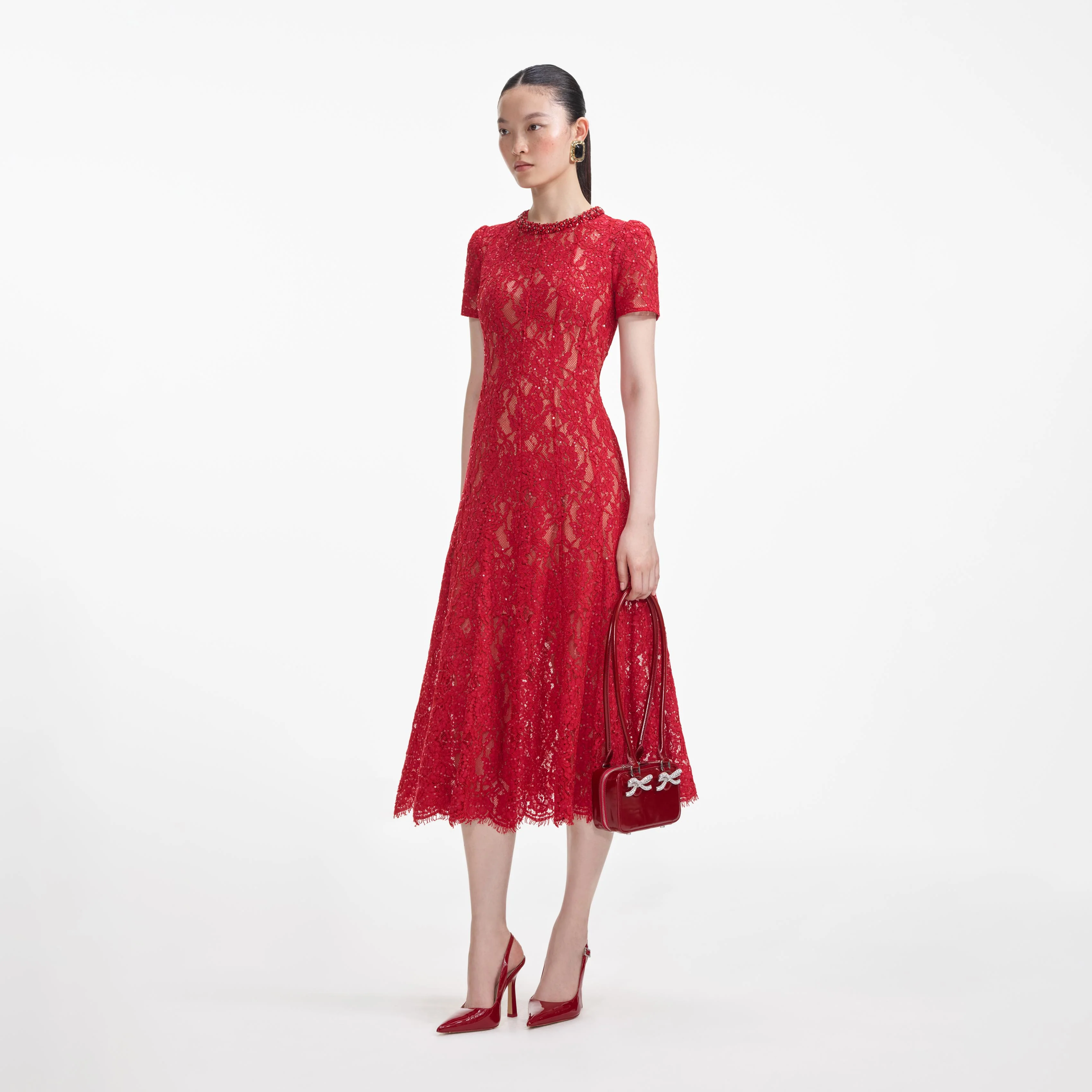 Red Sequin Lace Midi Dress - Image 2
