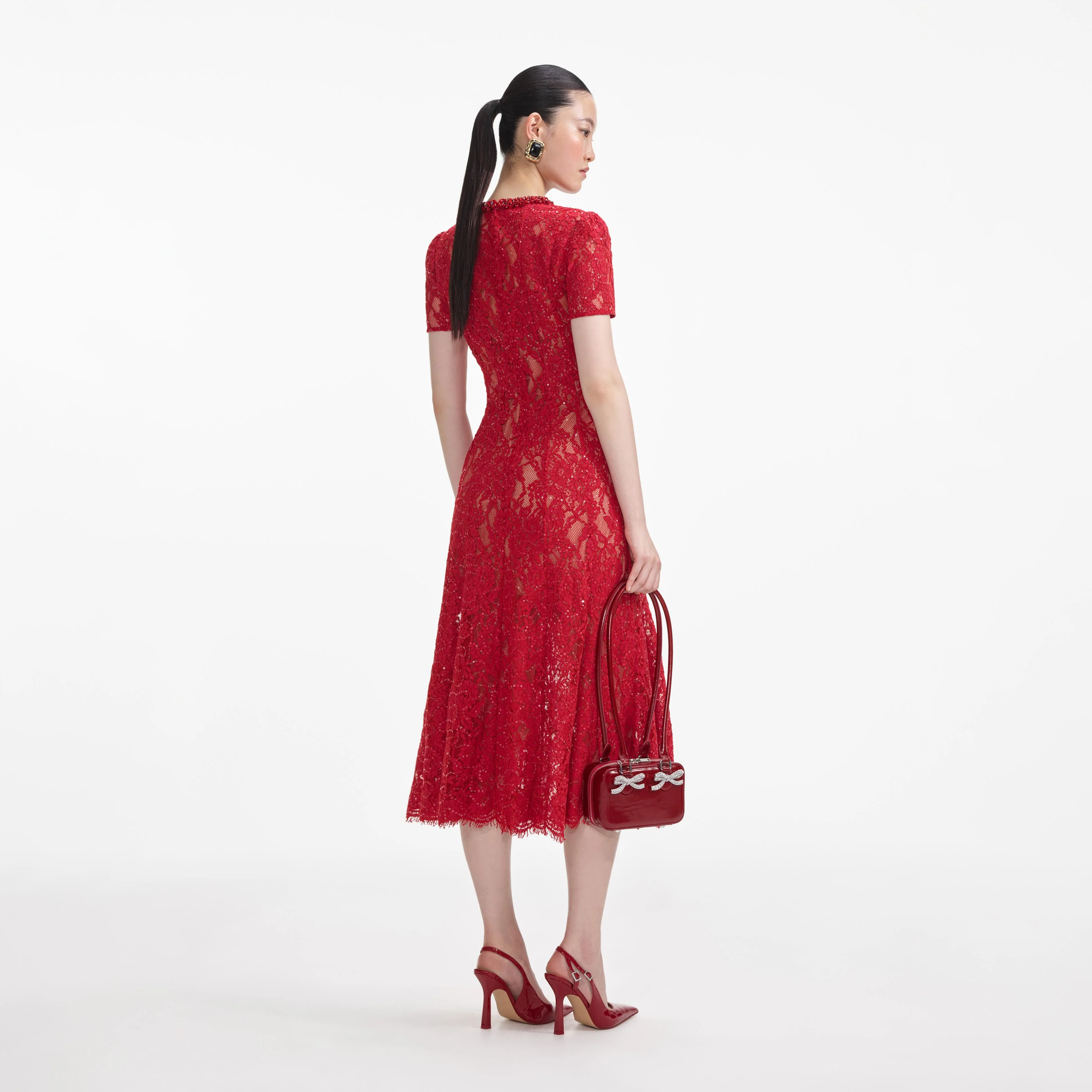 Red Sequin Lace Midi Dress - Image 3