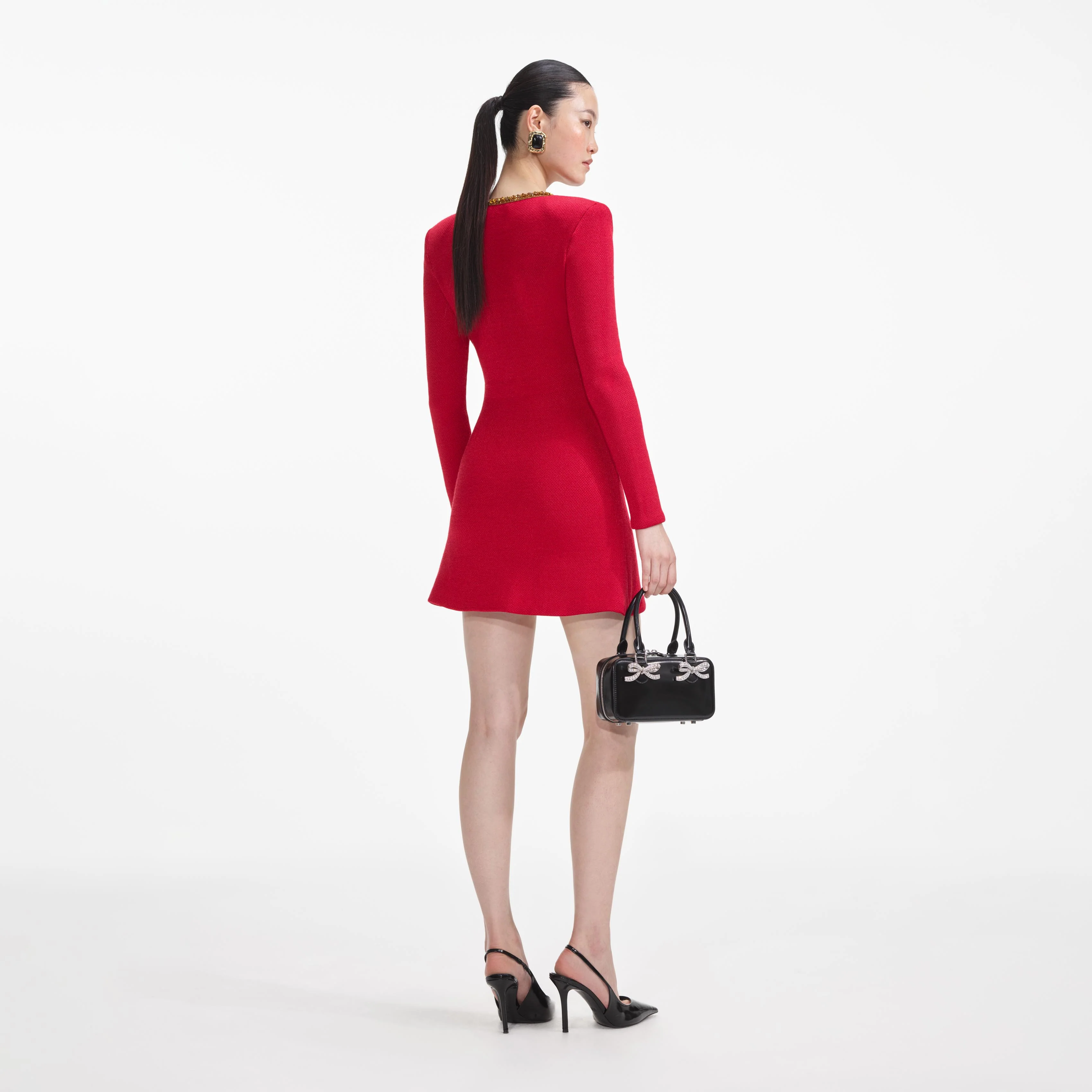 Red Textured Knit Corsage Mini Dress - Image 3