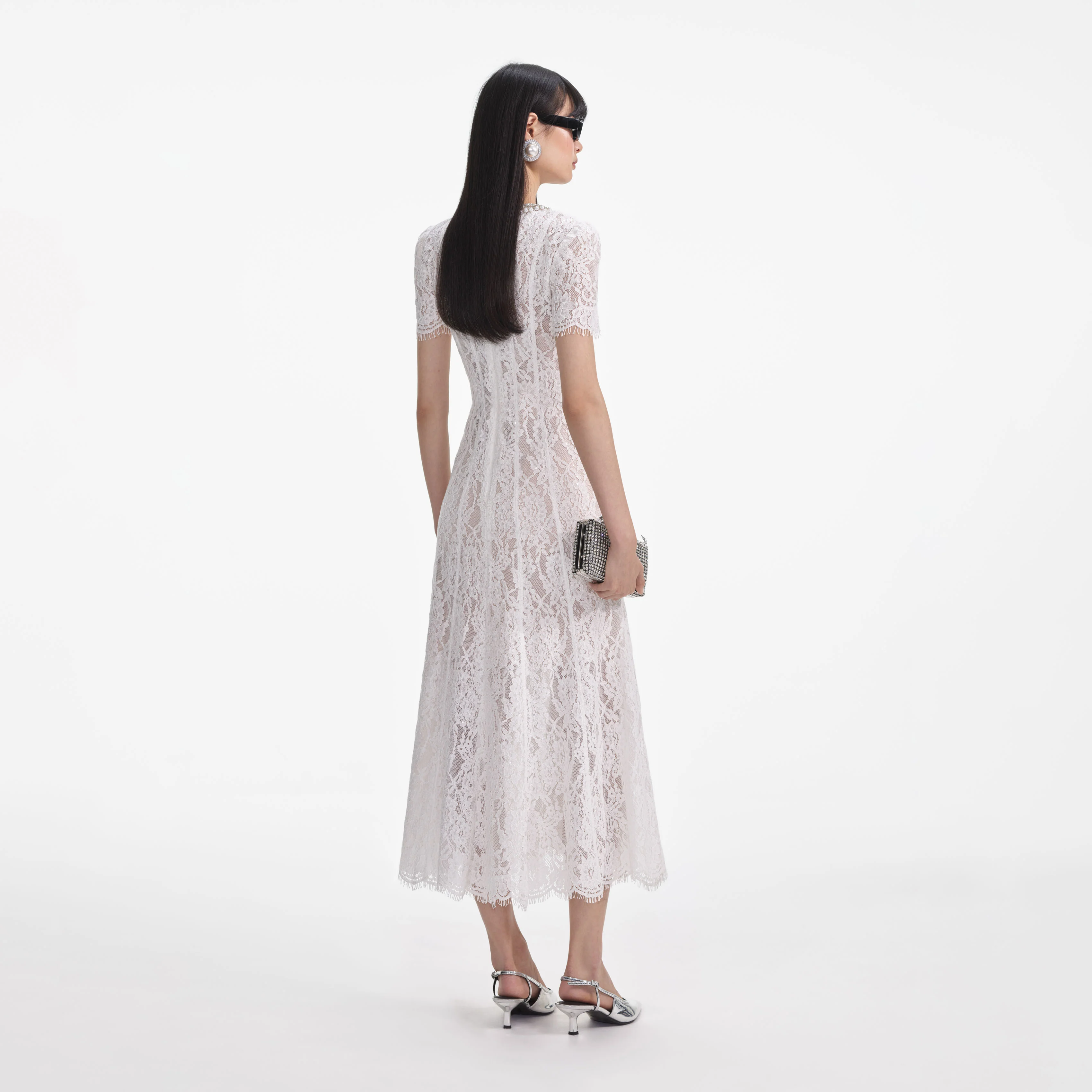 White Sequin Lace Embellished Midi Dress - Image 3