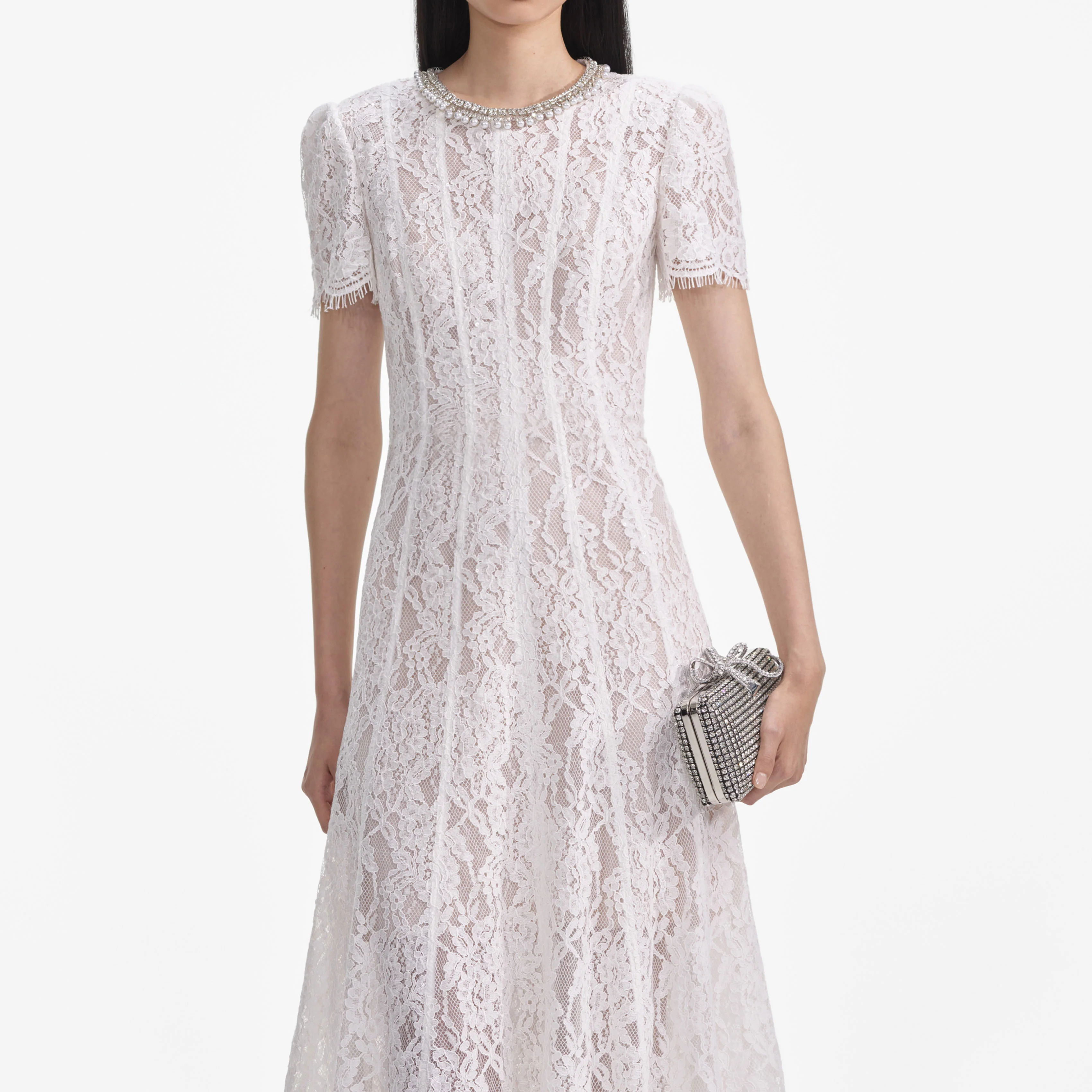 White Sequin Lace Embellished Midi Dress - Image 4