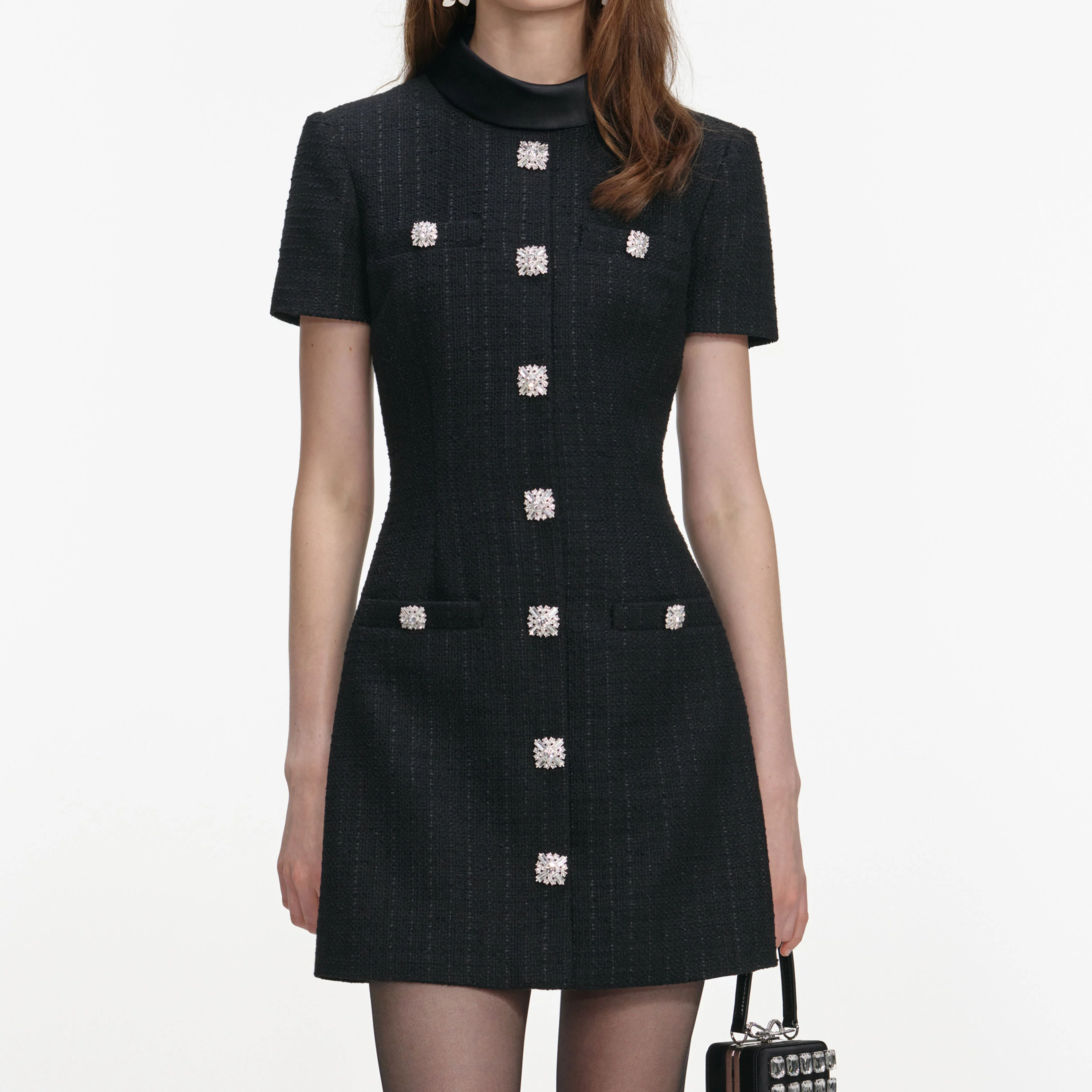Black Boucle Collared Mini Dress - Image 4